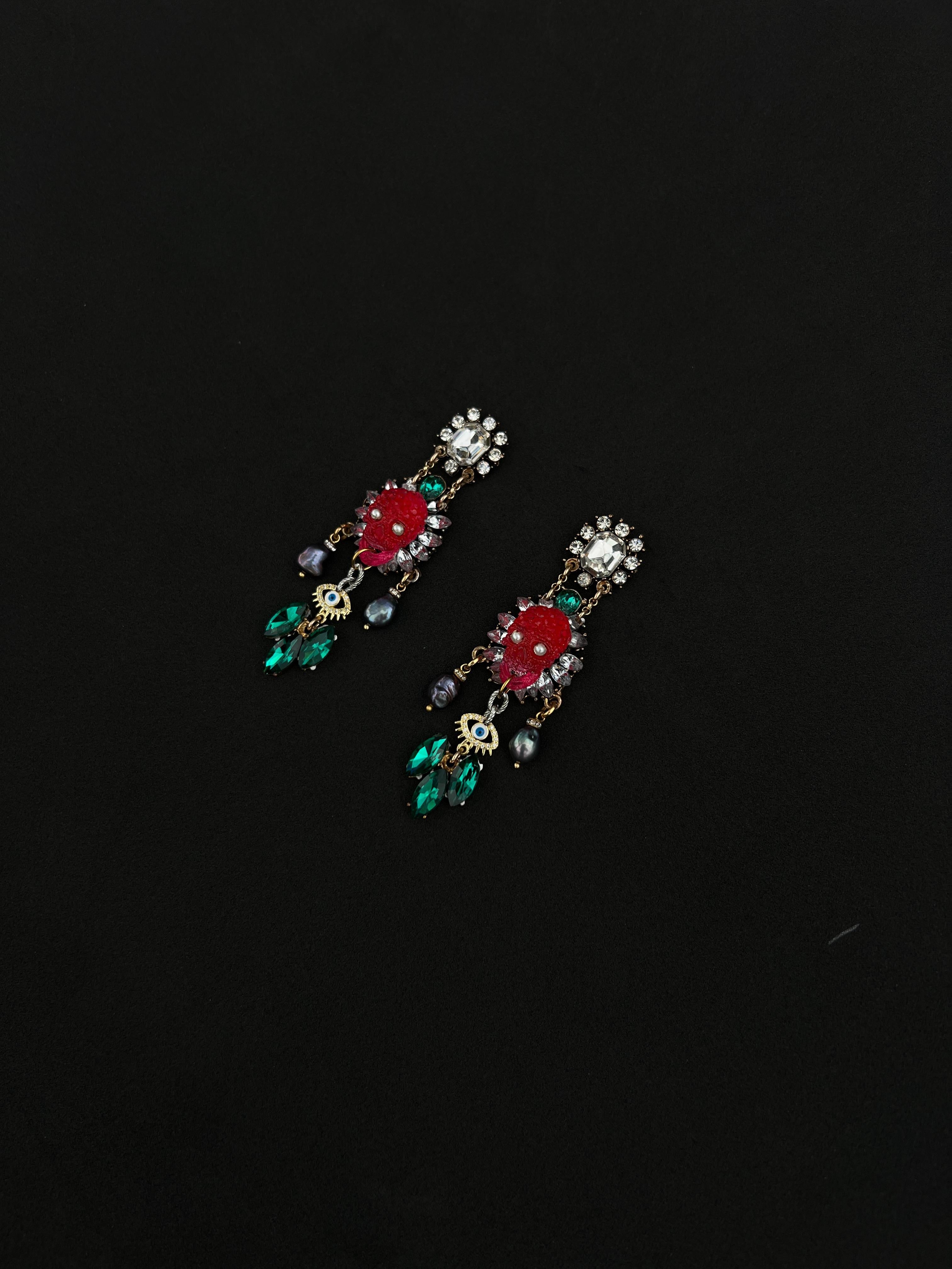 Brilliant Cut Extraordinary One of a kind pearl crystal, pearl skull earrings For Sale