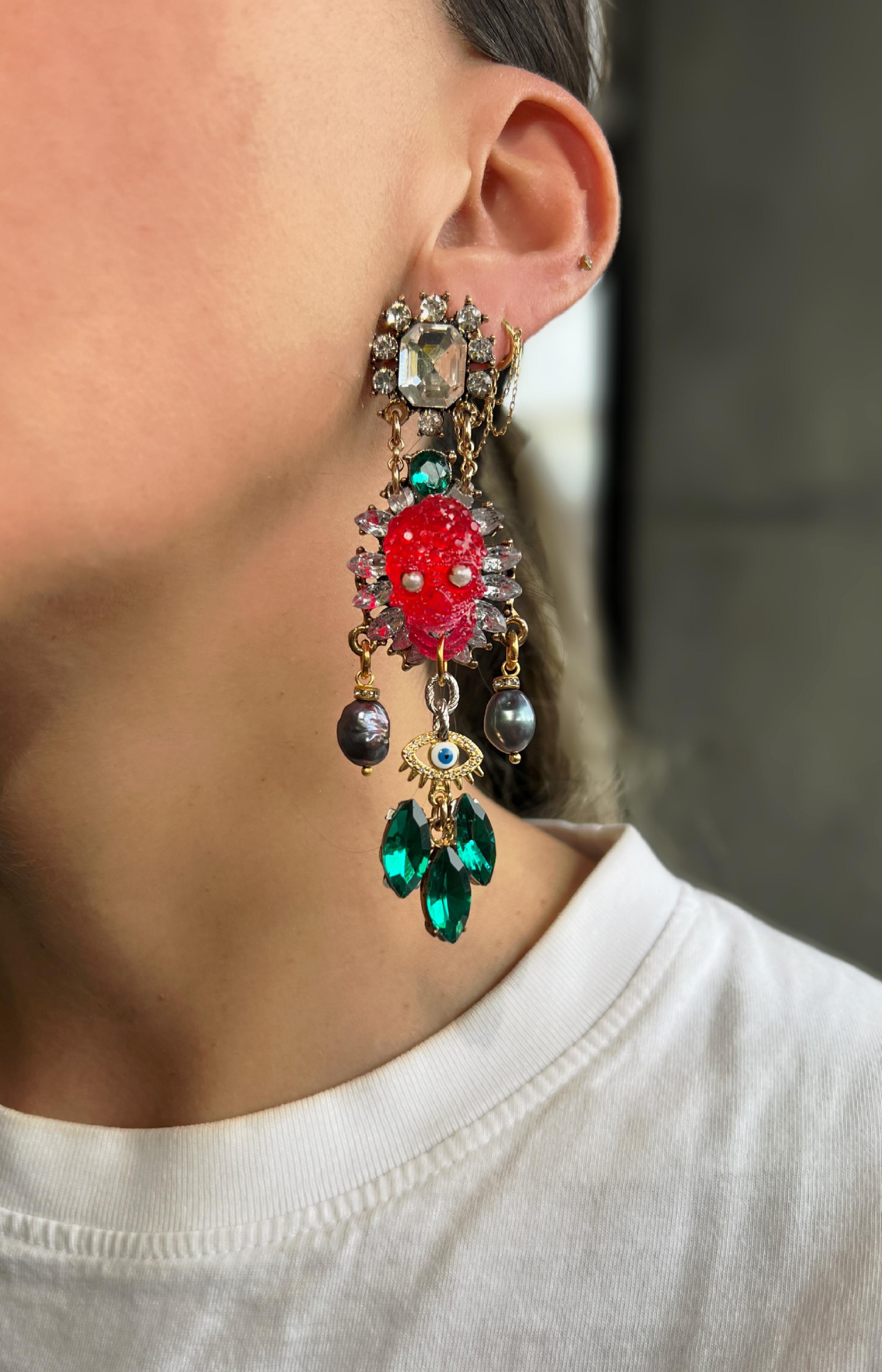 Women's or Men's Extraordinary One of a kind pearl crystal, pearl skull earrings For Sale