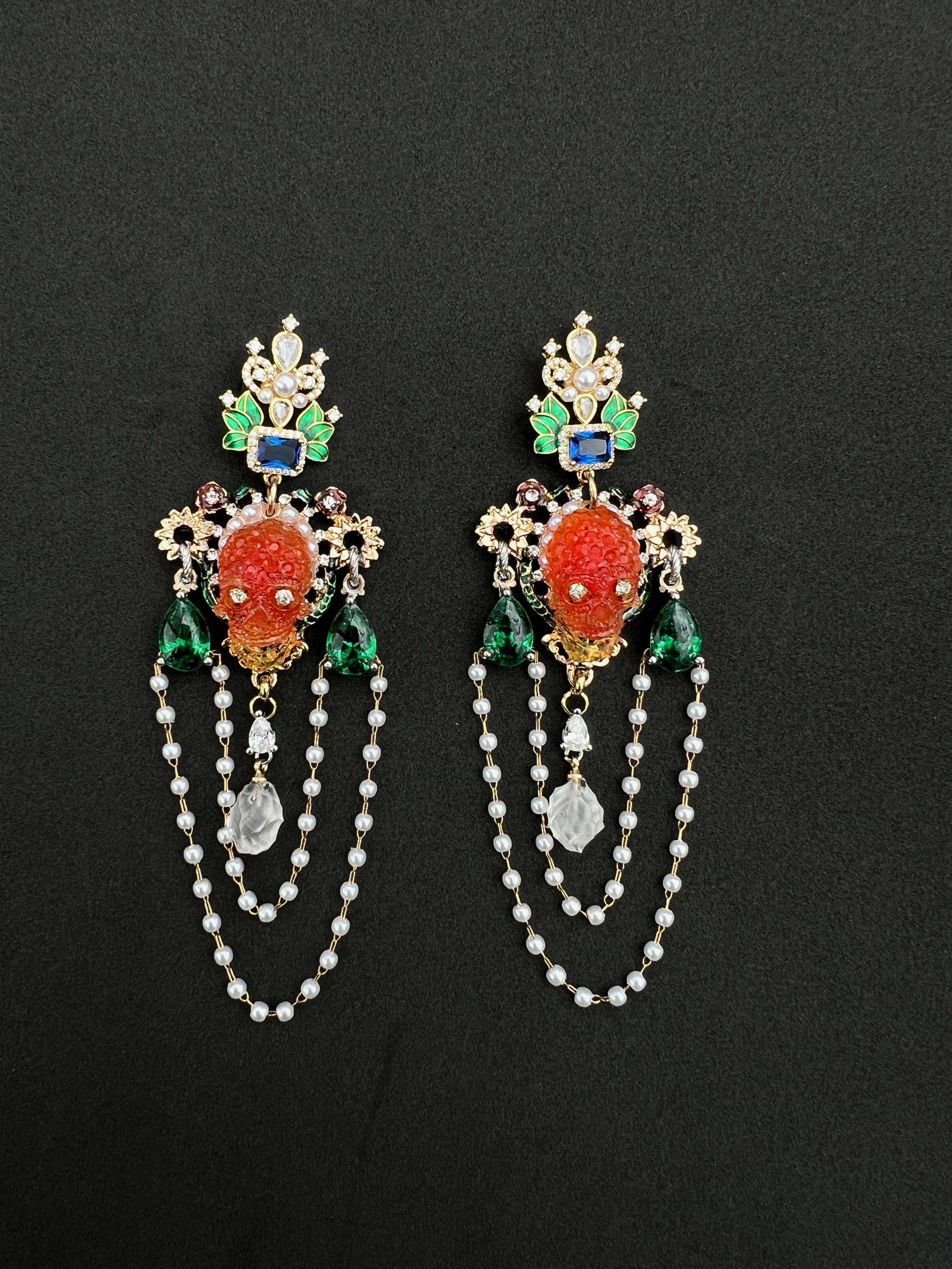 Artist Extraordinary One of a kind pearl crystal, pearl skull floral earrings For Sale