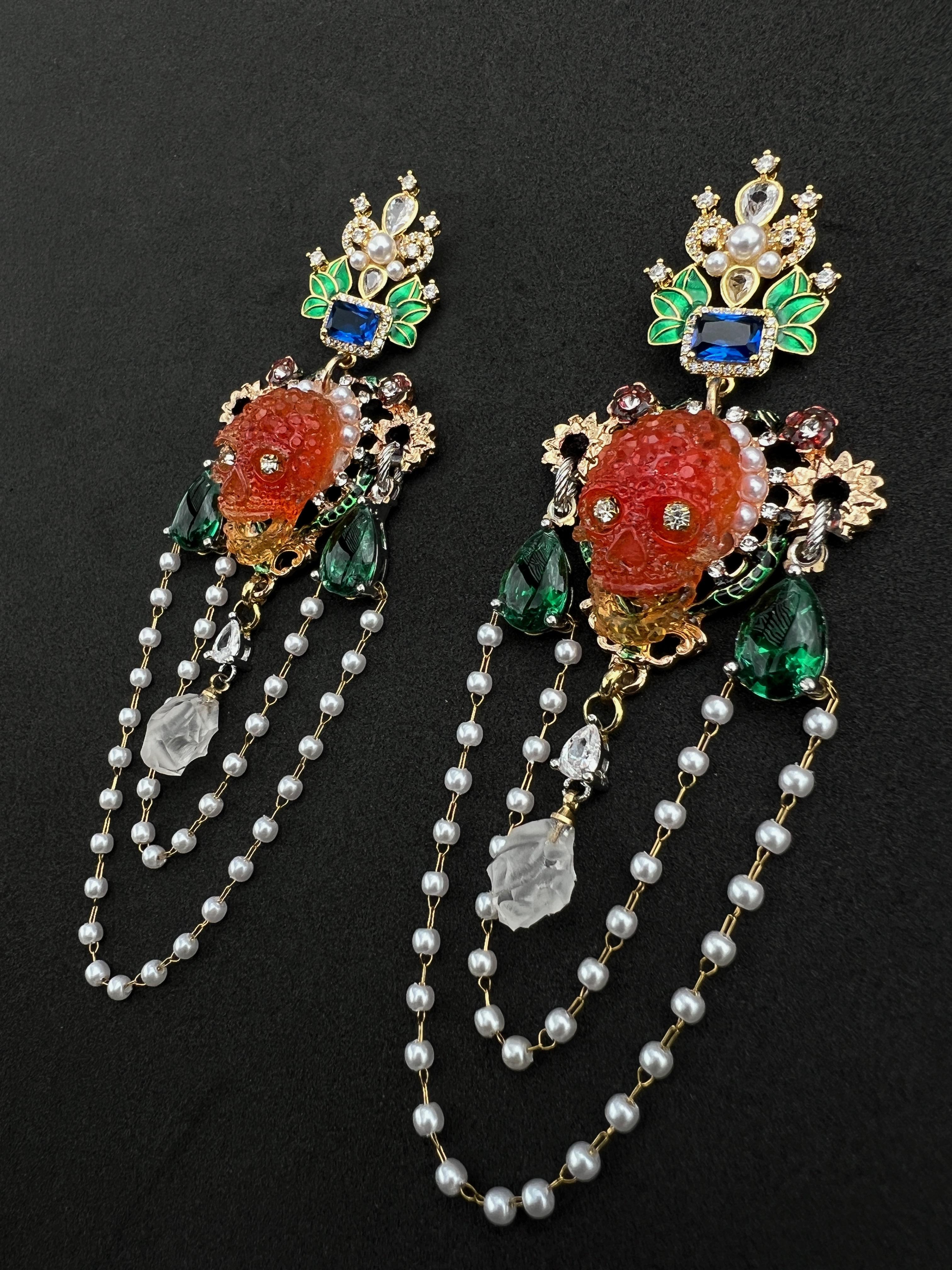 Brilliant Cut Extraordinary One of a kind pearl crystal, pearl skull floral earrings For Sale