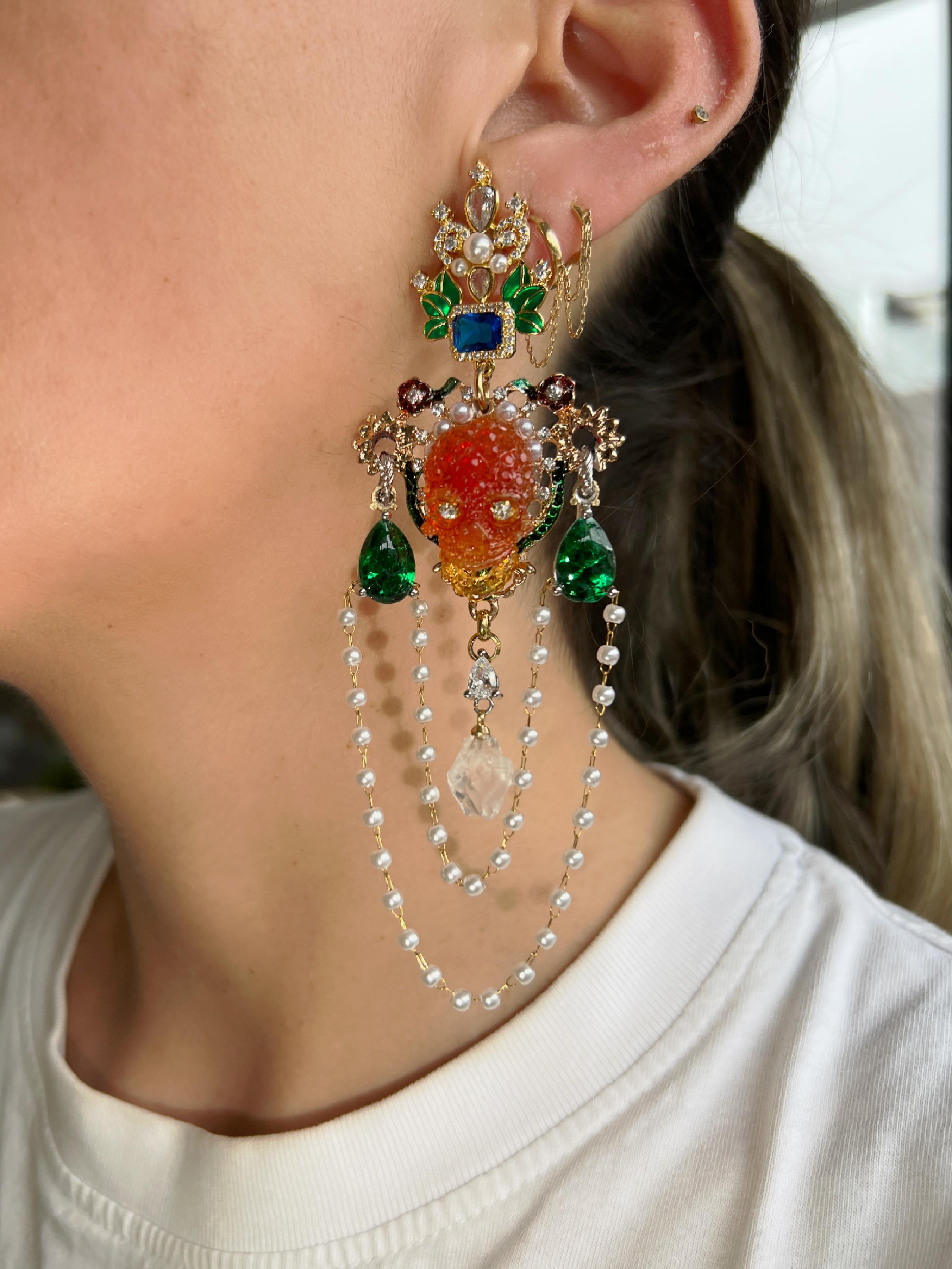 Extraordinary One of a kind pearl crystal, pearl skull floral earrings For Sale 1