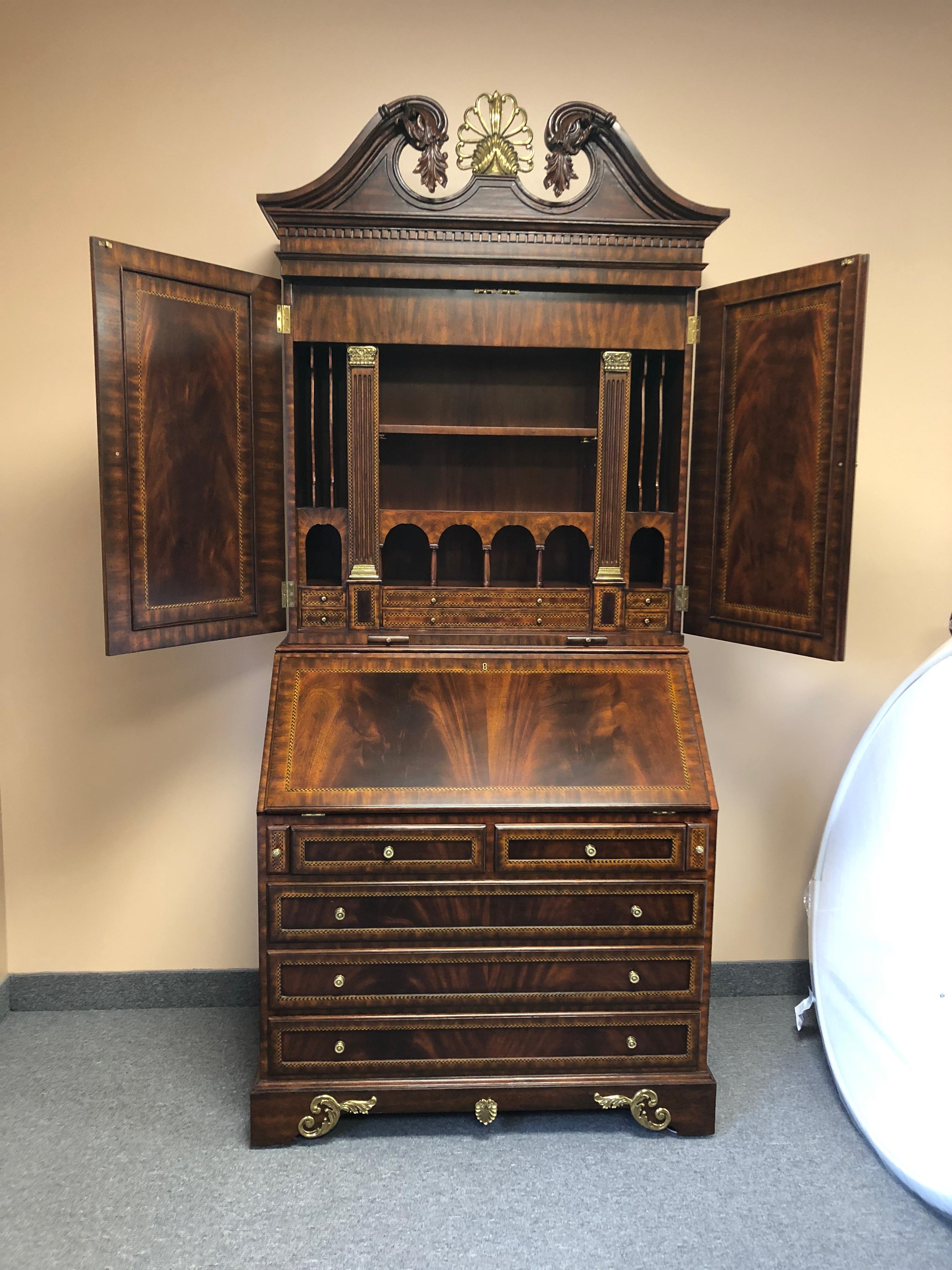Extraordinary Maitland Smith Ornate Flame Mahogany and Inlay Secretary In Excellent Condition In Hopewell, NJ