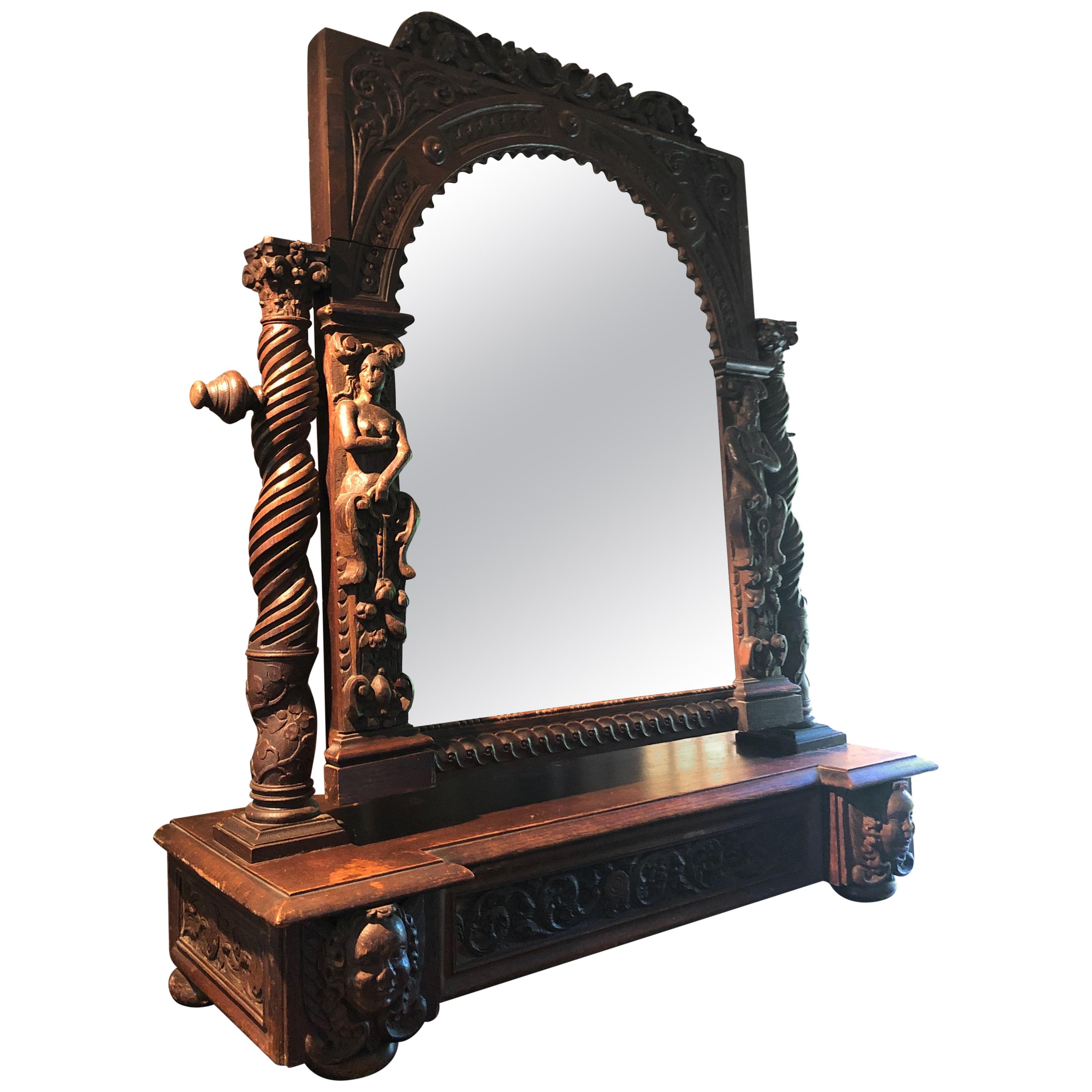 Extraordinary Ornately Carved Early British Dark Oak Tabletop Mirror