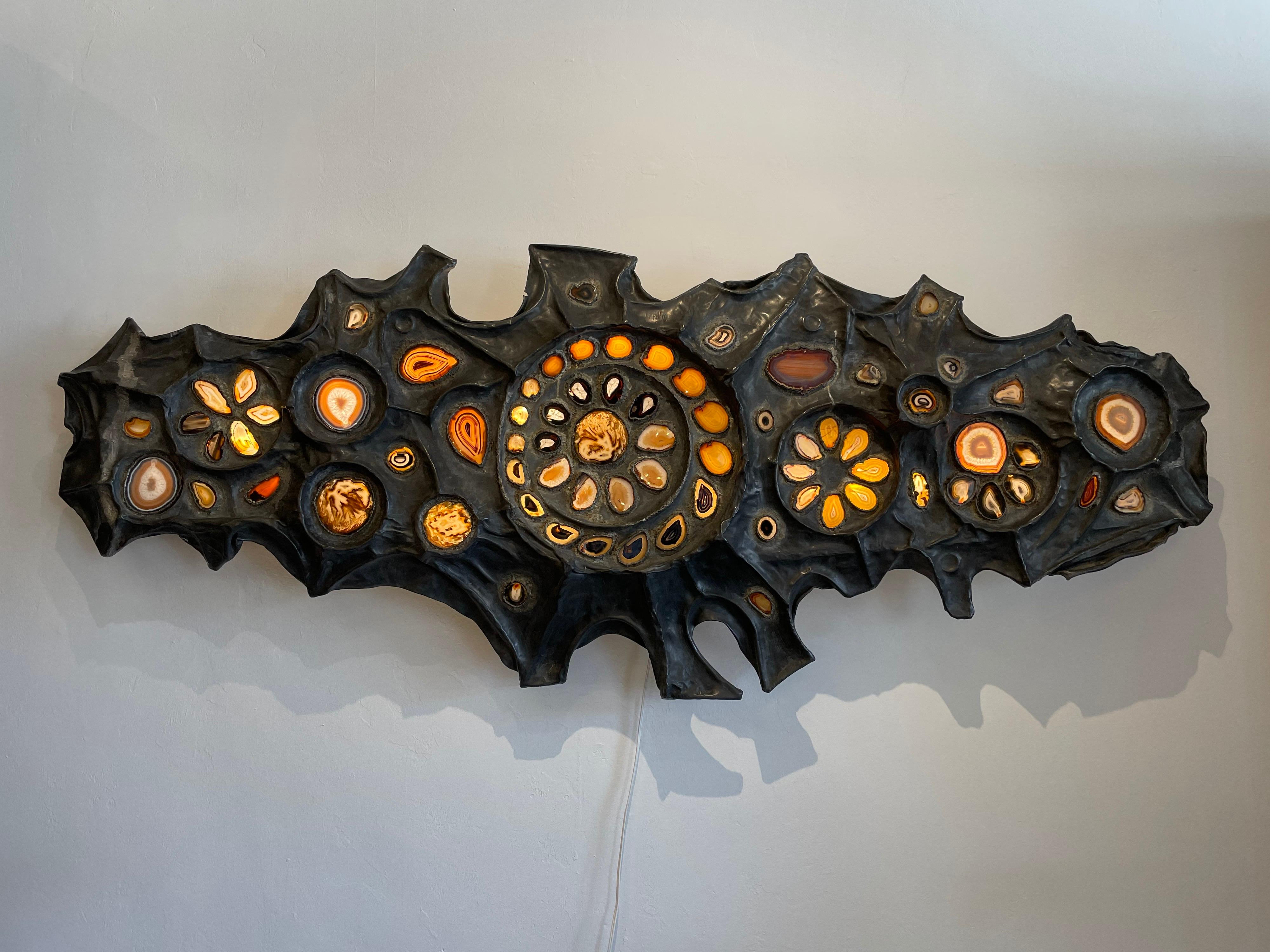 Extraordinary Oversized Lead & Agate Illuminated Wall Sculpture For Sale 3