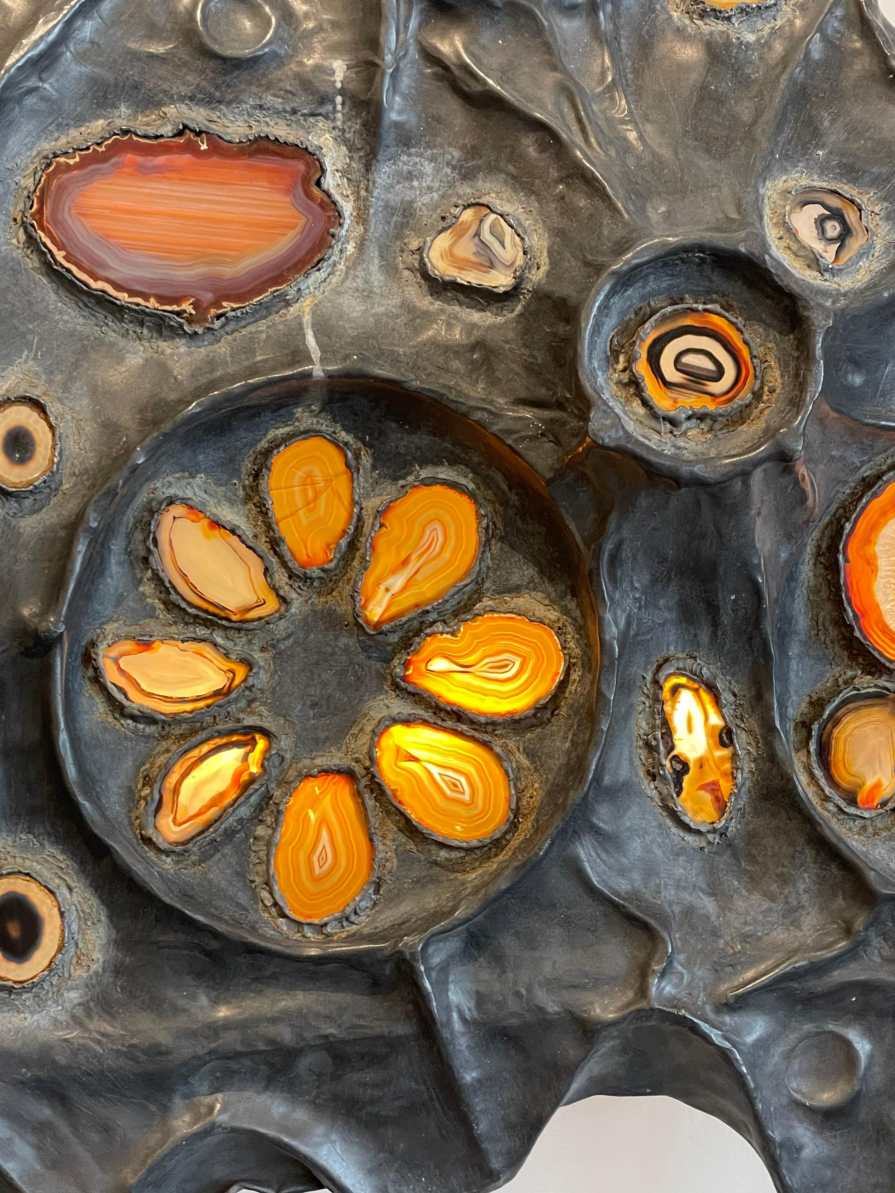 Extraordinary Oversized Lead & Agate Illuminated Wall Sculpture In Good Condition For Sale In East Hampton, NY