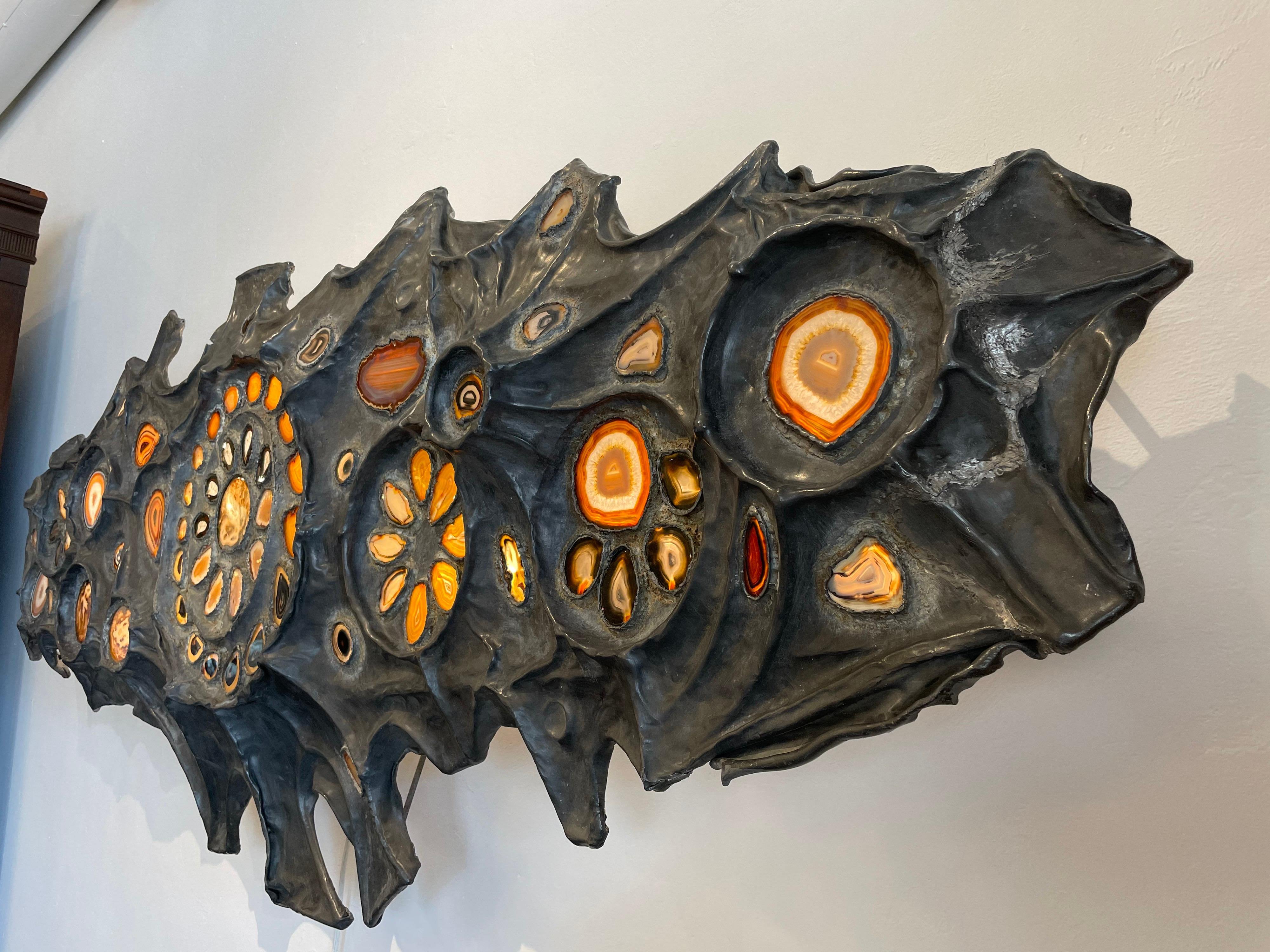 Extraordinary Oversized Lead & Agate Illuminated Wall Sculpture For Sale 1