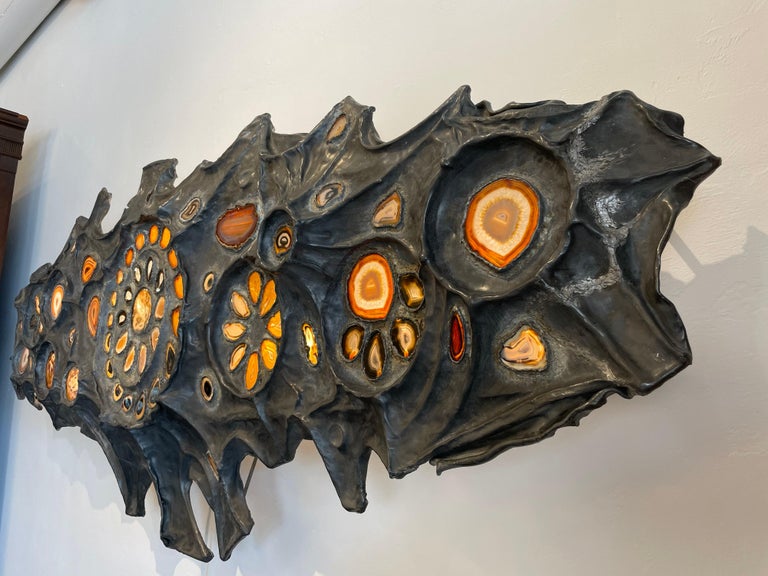 Extraordinary Oversized Lead and Agate Illuminated Wall Sculpture For