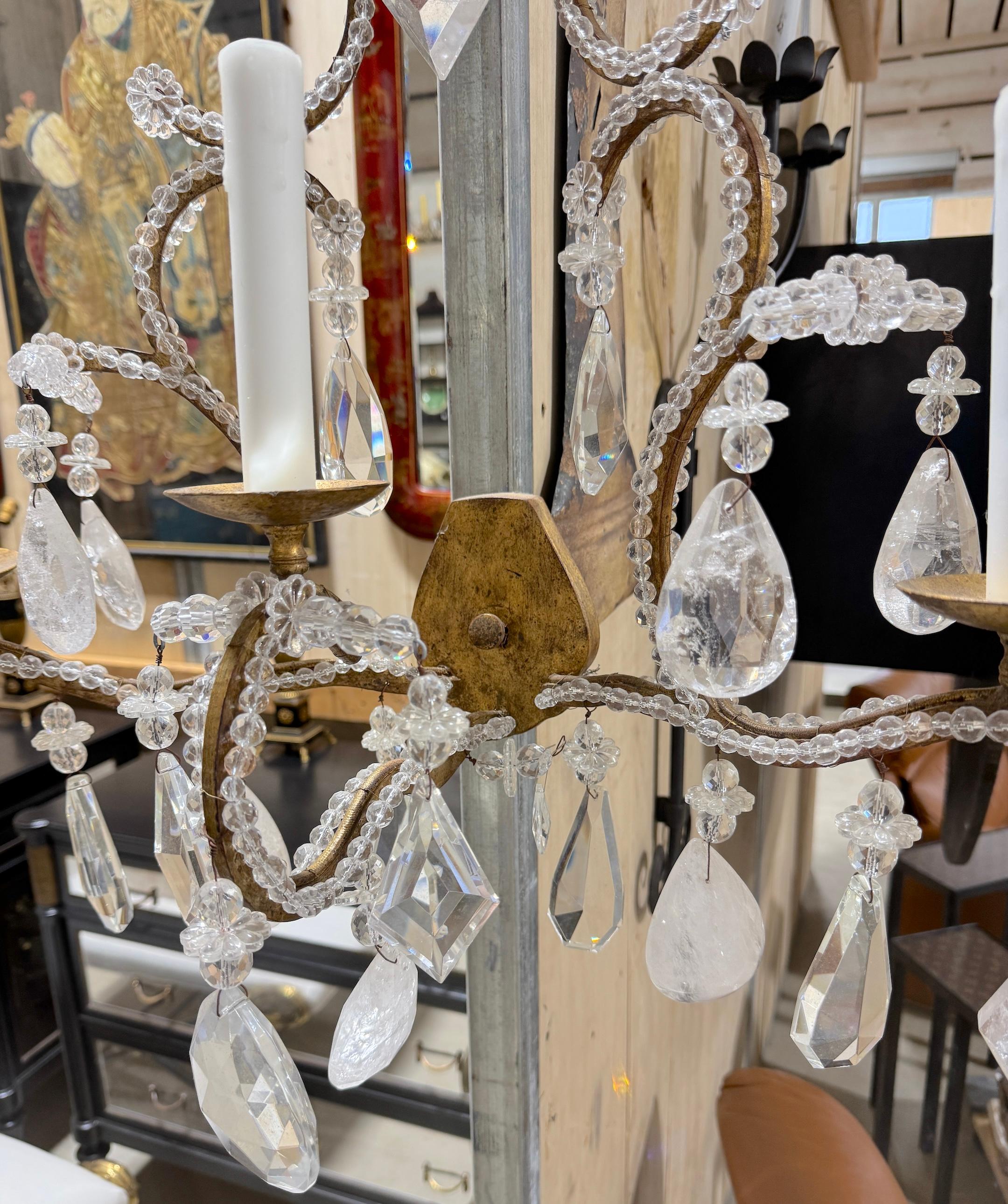Extraordinary Pair Italian Neoclassical Rock Crystal Three-Light Wall Sconces For Sale 4