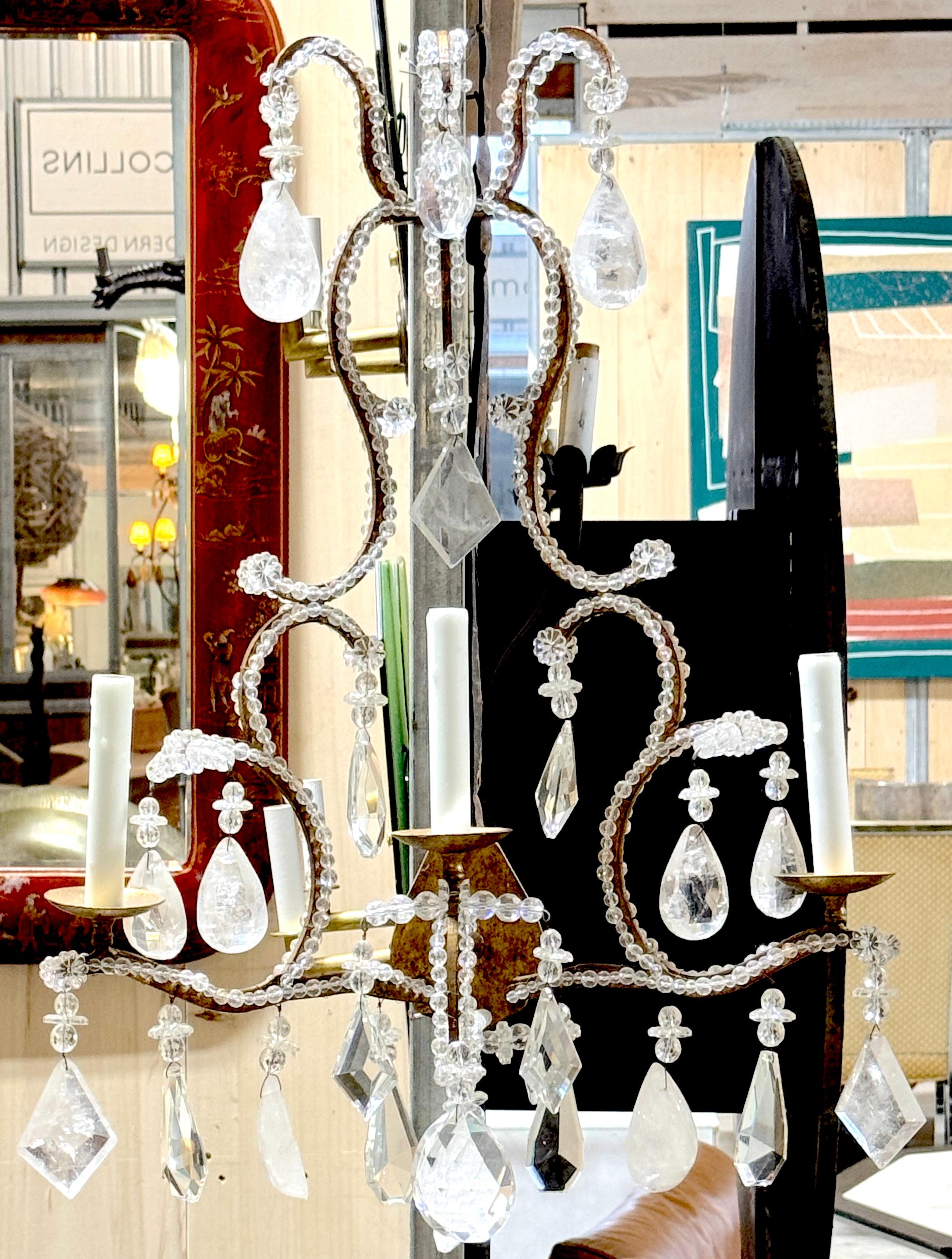 Extraordinary Pair Italian Neoclassical Rock Crystal Three-Light Wall Sconces For Sale 5