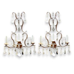 Extraordinary Pair Italian Neoclassical Rock Crystal Three-Light Wall Sconces