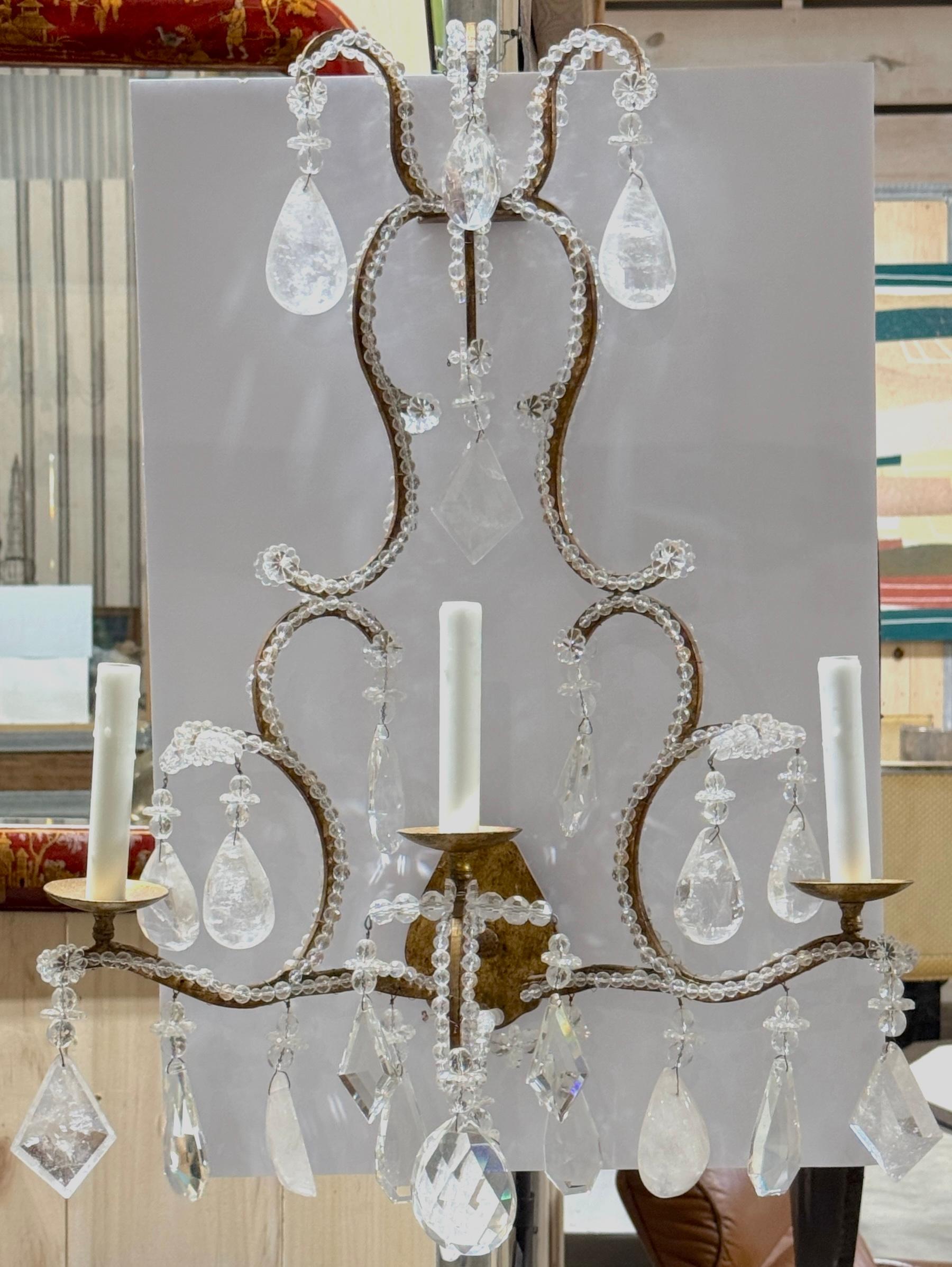 Extraordinary Pair Italian Neoclassical Rock Crystal Three-Light Wall Sconces In Good Condition For Sale In West Palm Beach, FL