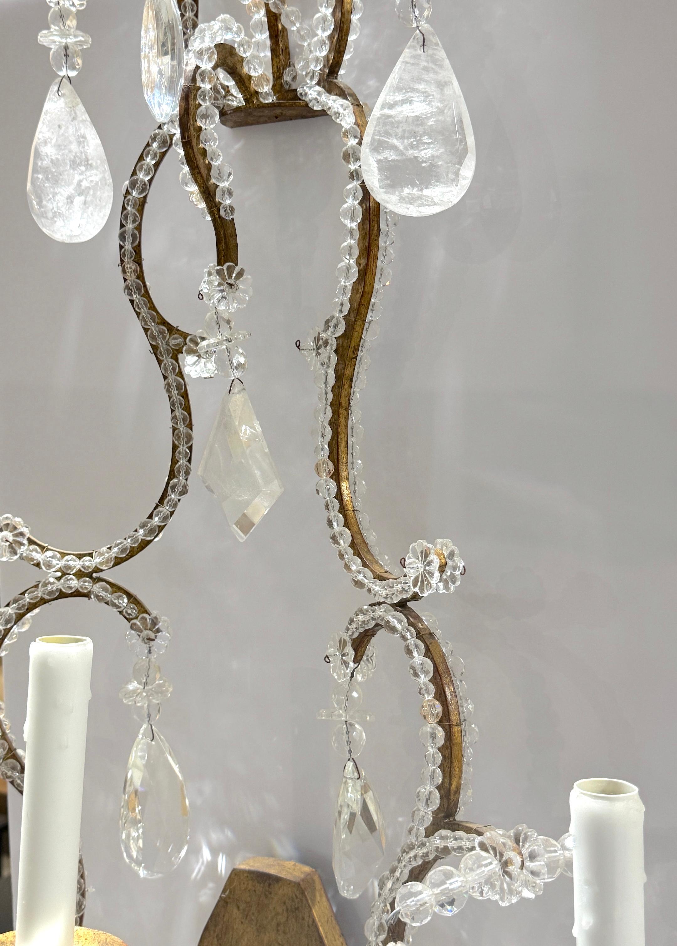 20th Century Extraordinary Pair Italian Neoclassical Rock Crystal Three-Light Wall Sconces For Sale