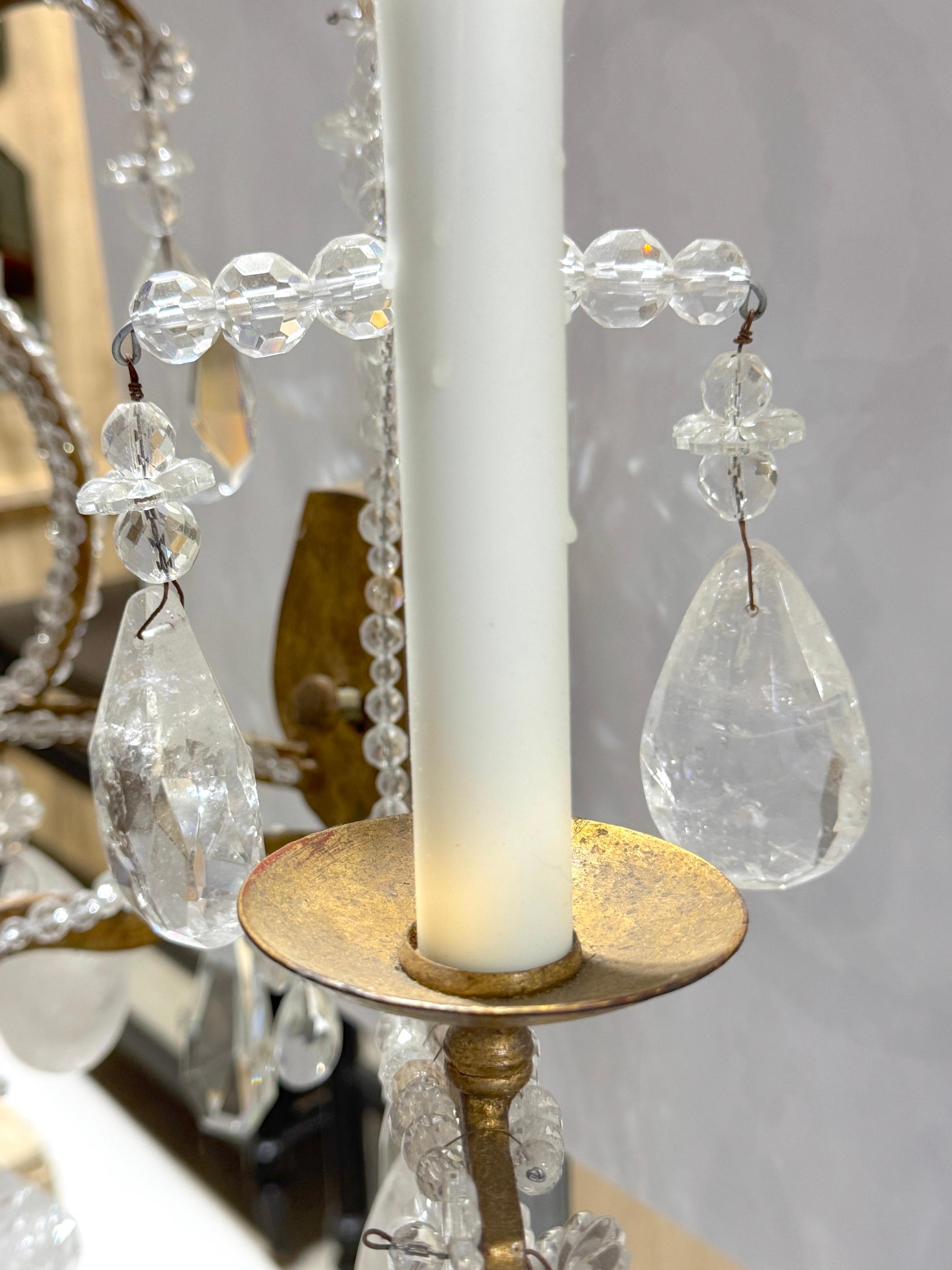 Metal Extraordinary Pair Italian Neoclassical Rock Crystal Three-Light Wall Sconces For Sale