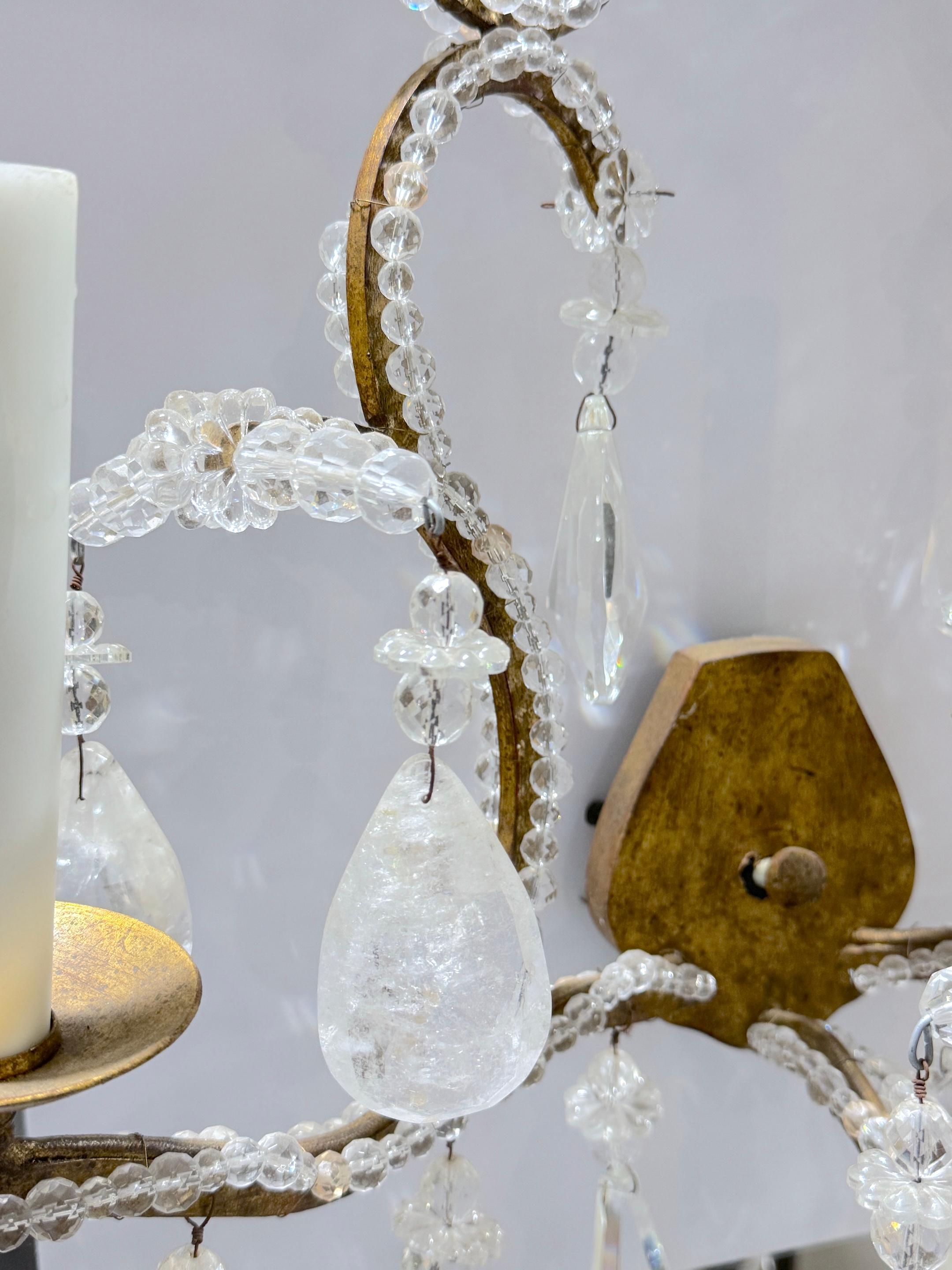 Extraordinary Pair Italian Neoclassical Rock Crystal Three-Light Wall Sconces For Sale 1