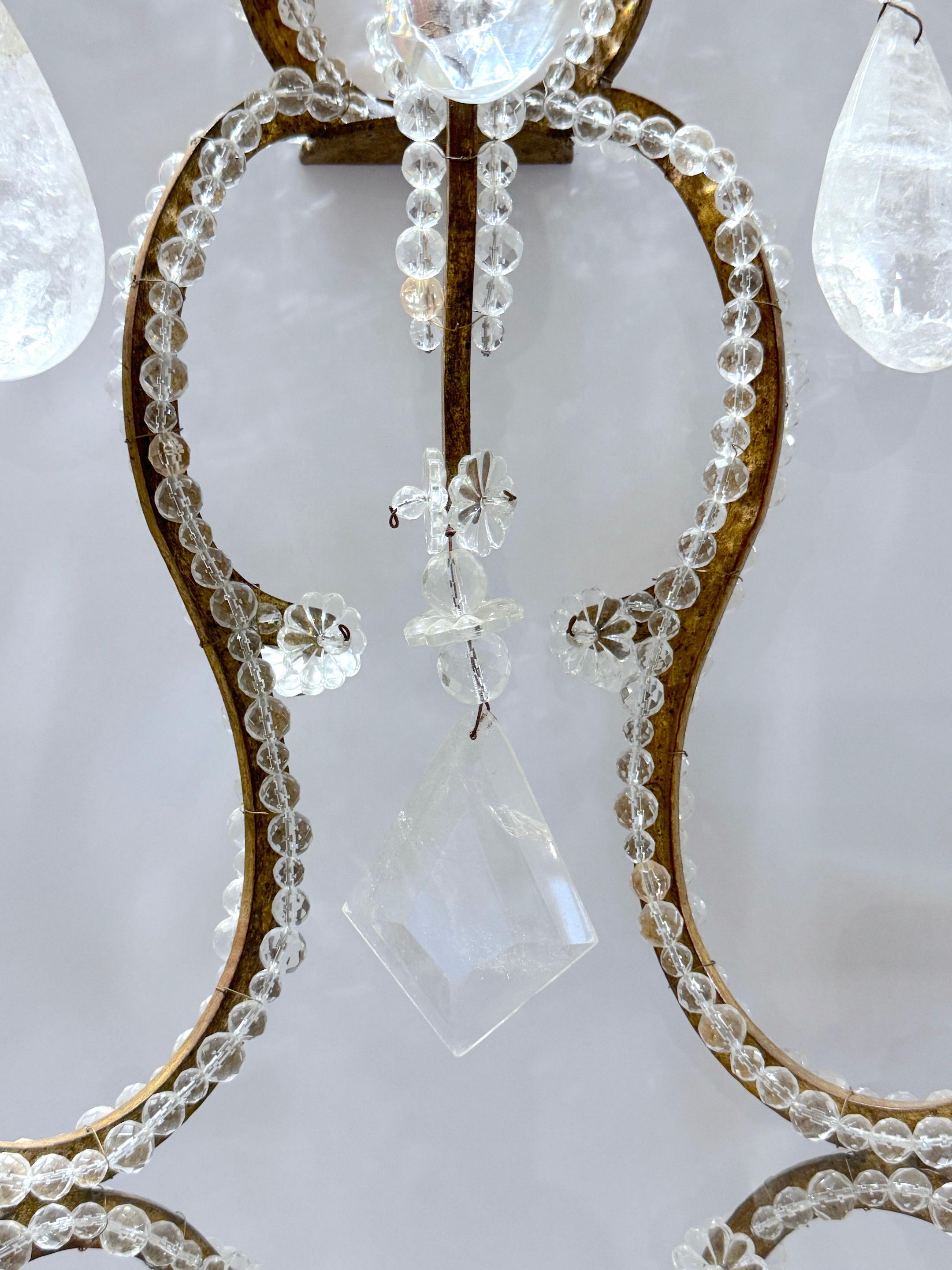 Extraordinary Pair Italian Neoclassical Rock Crystal Three-Light Wall Sconces For Sale 2