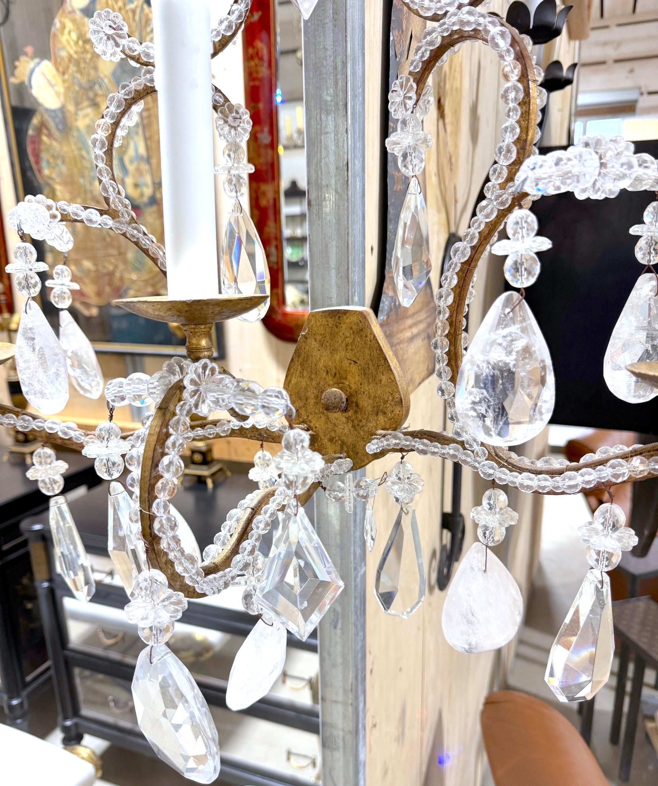 Extraordinary Pair Italian Neoclassical Rock Crystal Three-Light Wall Sconces For Sale 3