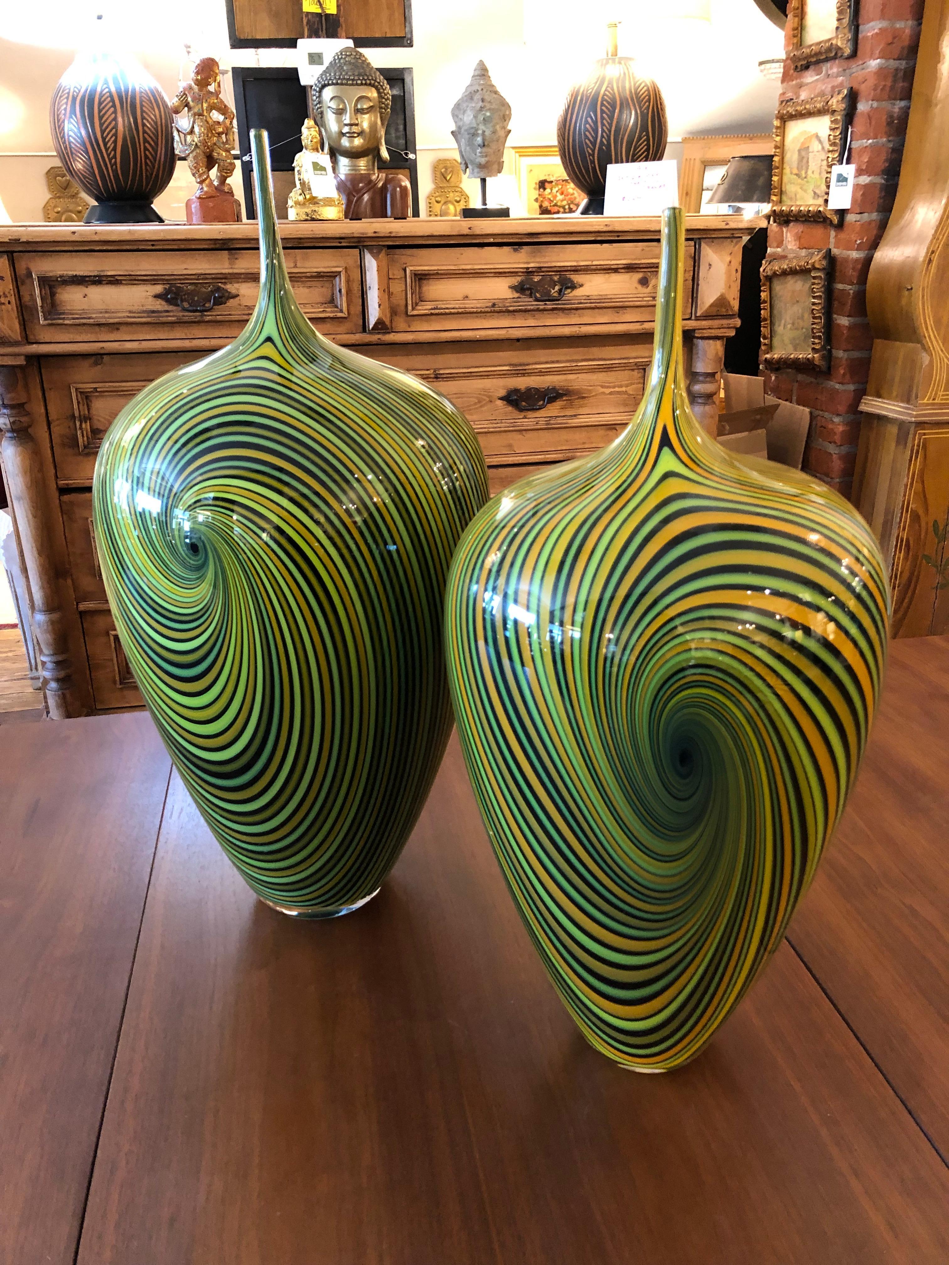 Extraordinary Pair of Blown Glass Vortex Vessels by Jeff Holmwood For Sale 1