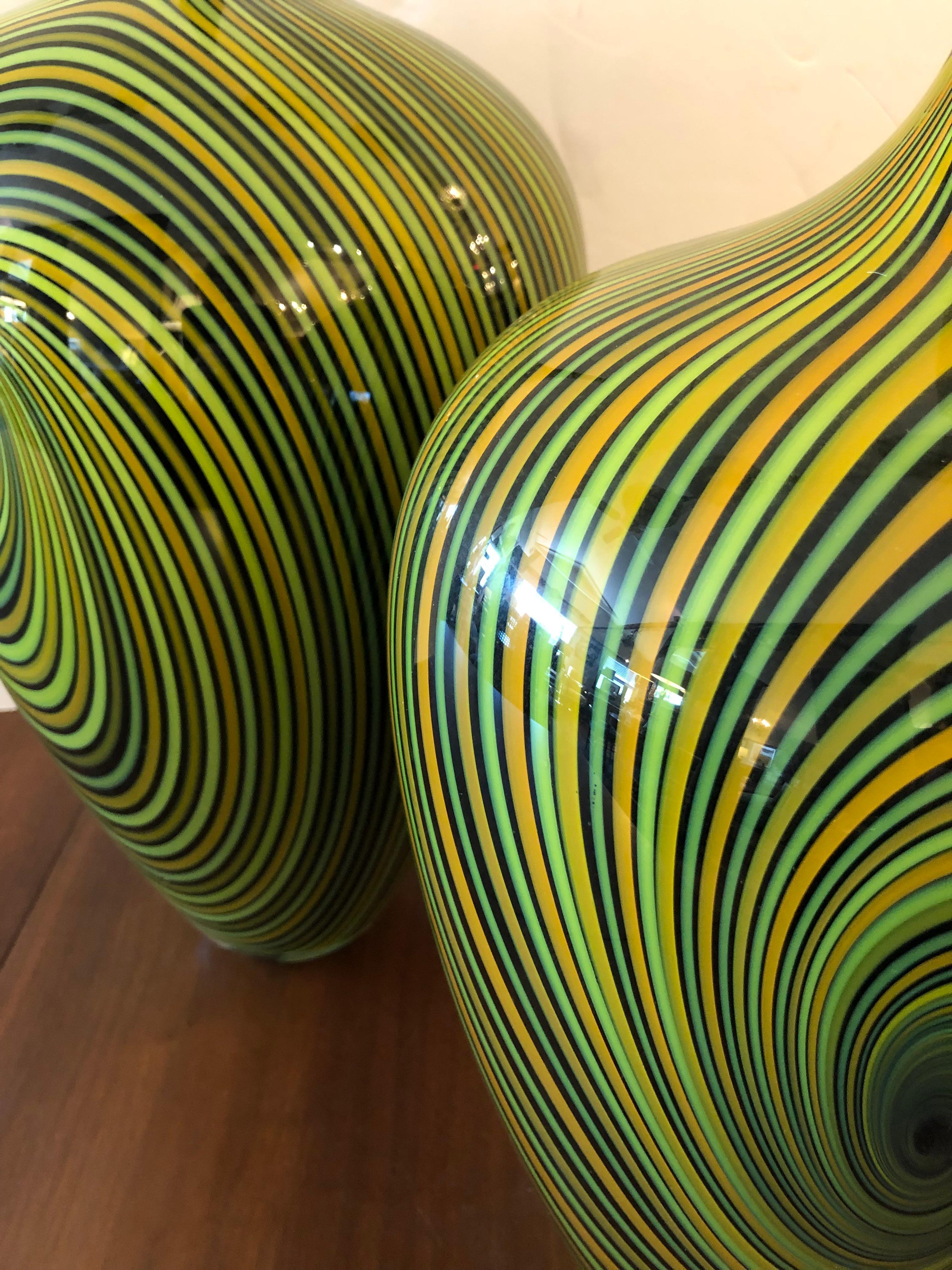 Extraordinary Pair of Blown Glass Vortex Vessels by Jeff Holmwood In Excellent Condition For Sale In Hopewell, NJ