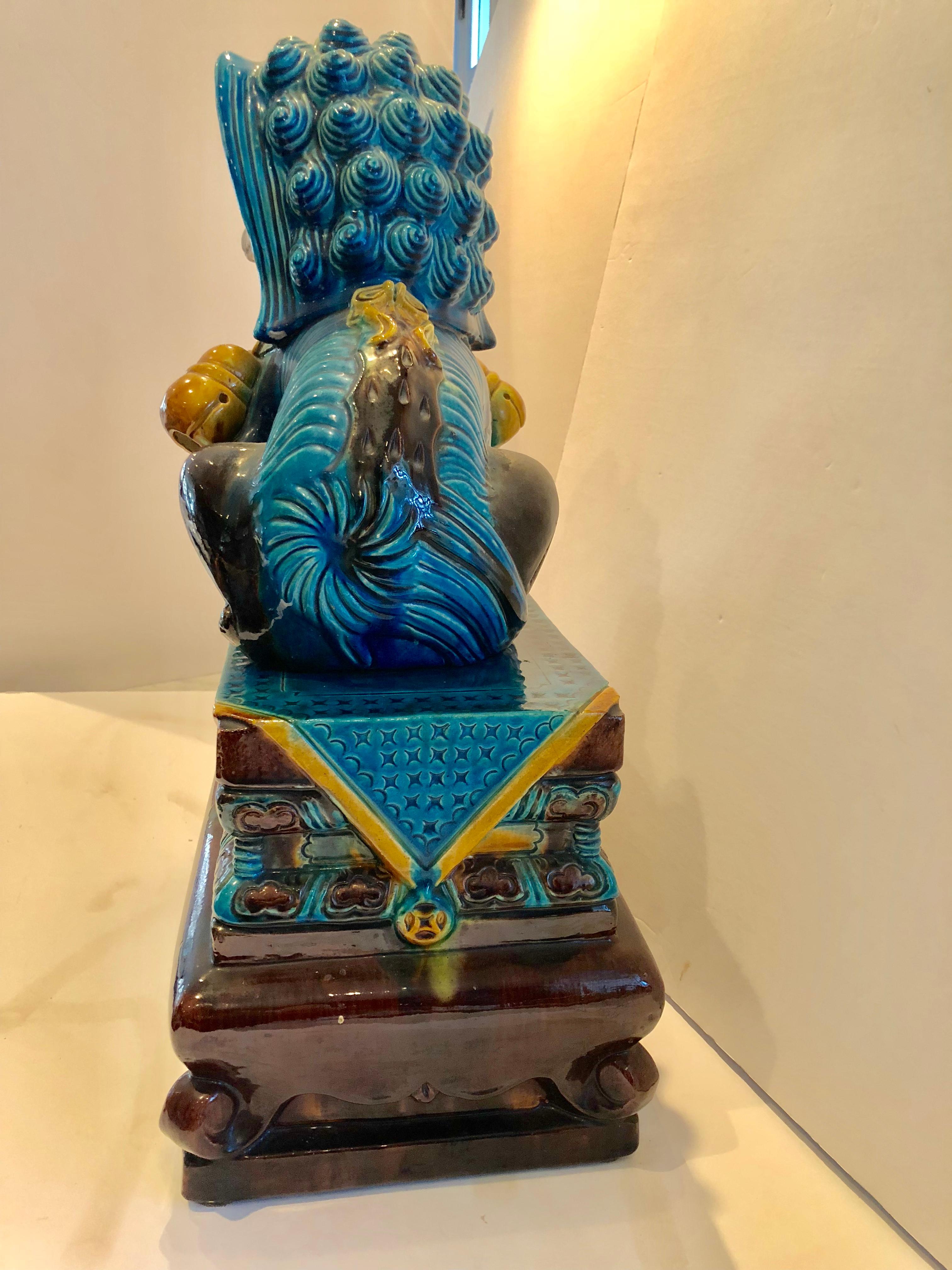 Extraordinary Pair of Chinese Foo Dogs Glazed in Turquoise and Brown 5