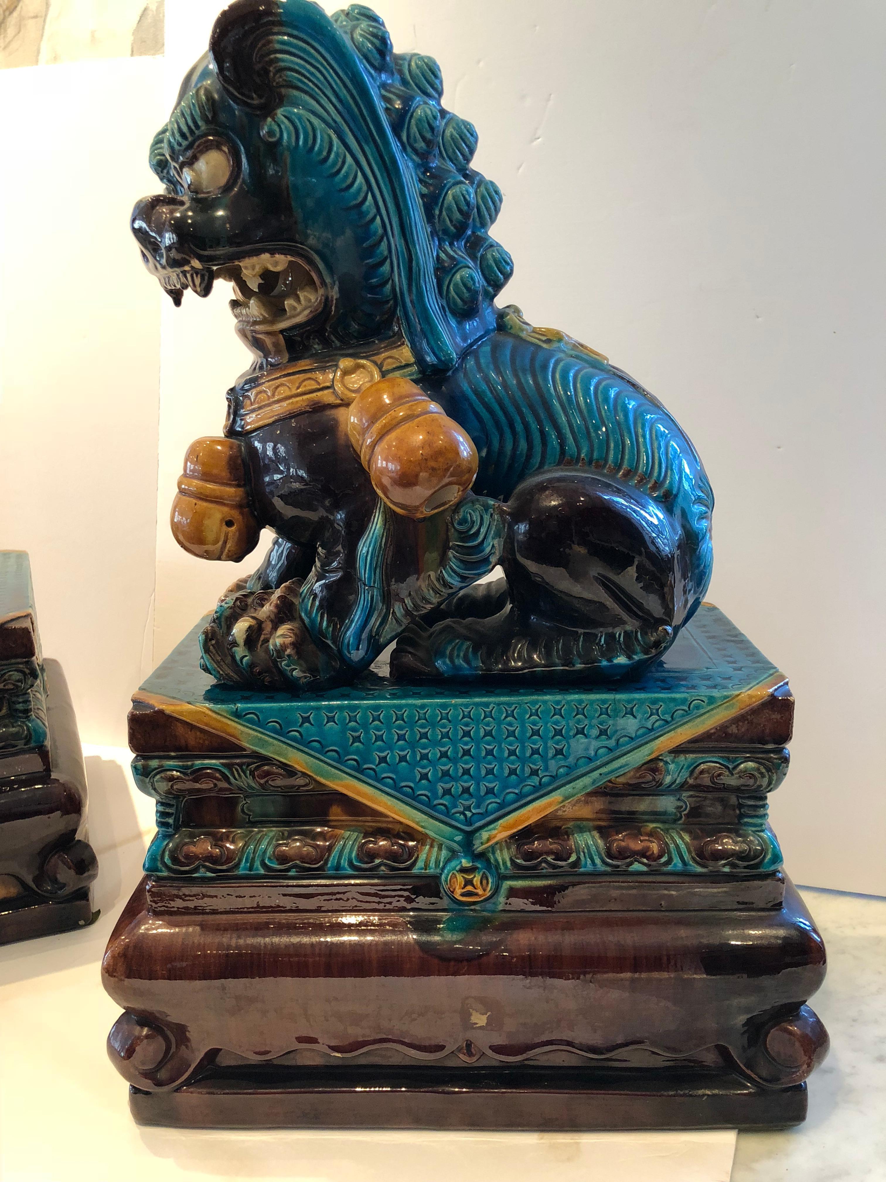 Ceramic Extraordinary Pair of Chinese Foo Dogs Glazed in Turquoise and Brown