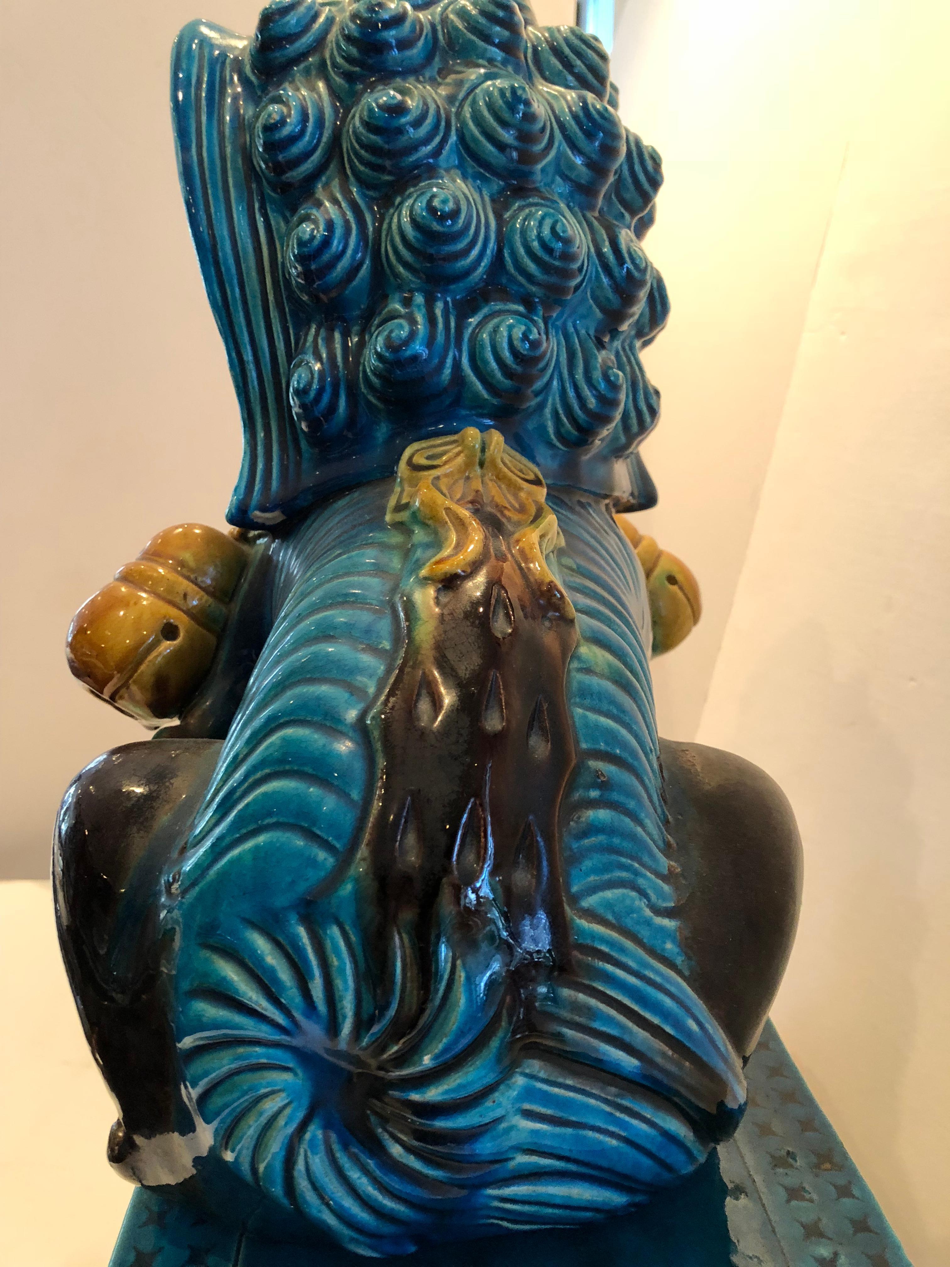 Extraordinary Pair of Chinese Foo Dogs Glazed in Turquoise and Brown 1