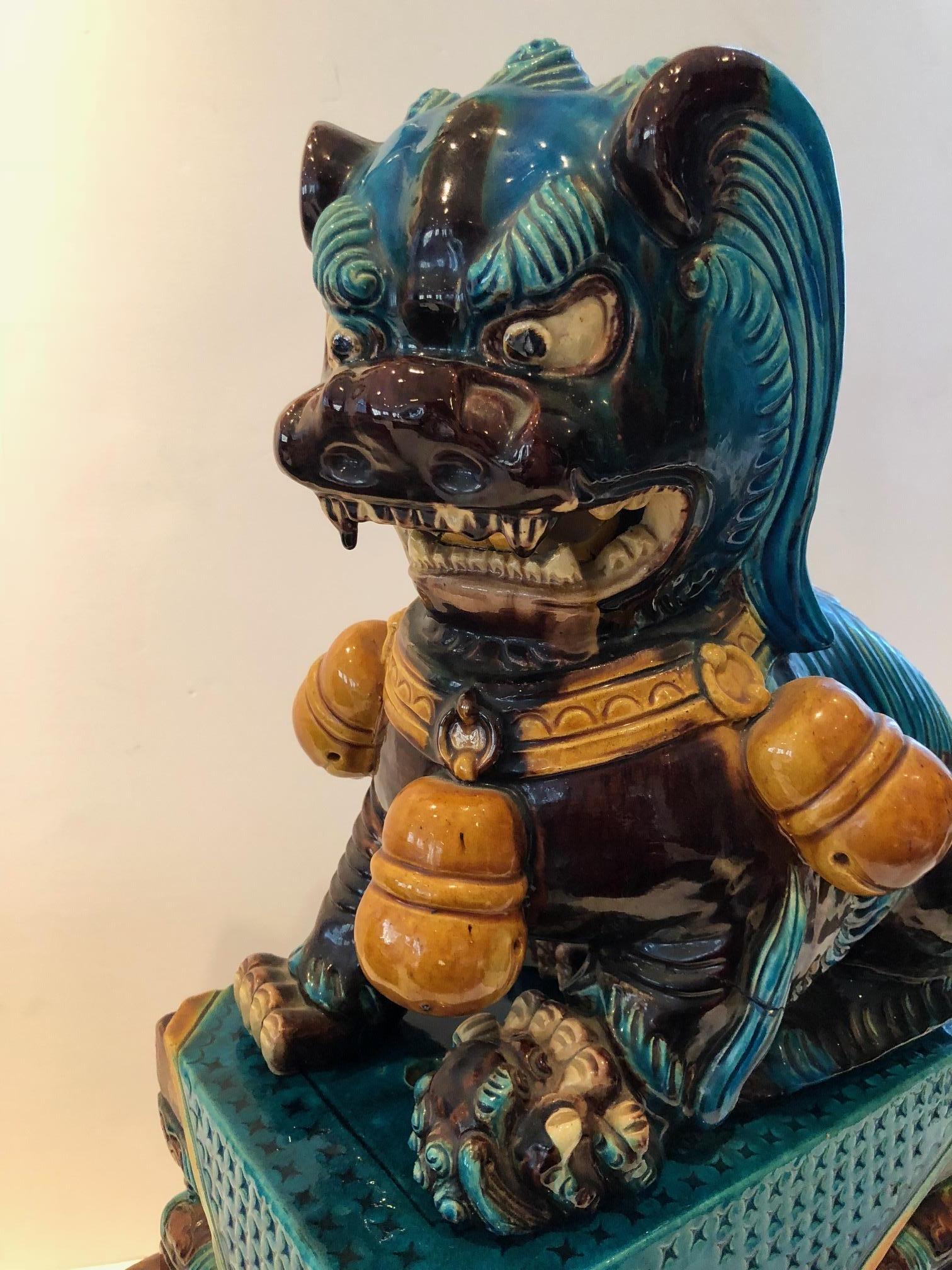 Extraordinary Pair of Chinese Foo Dogs Glazed in Turquoise and Brown 2