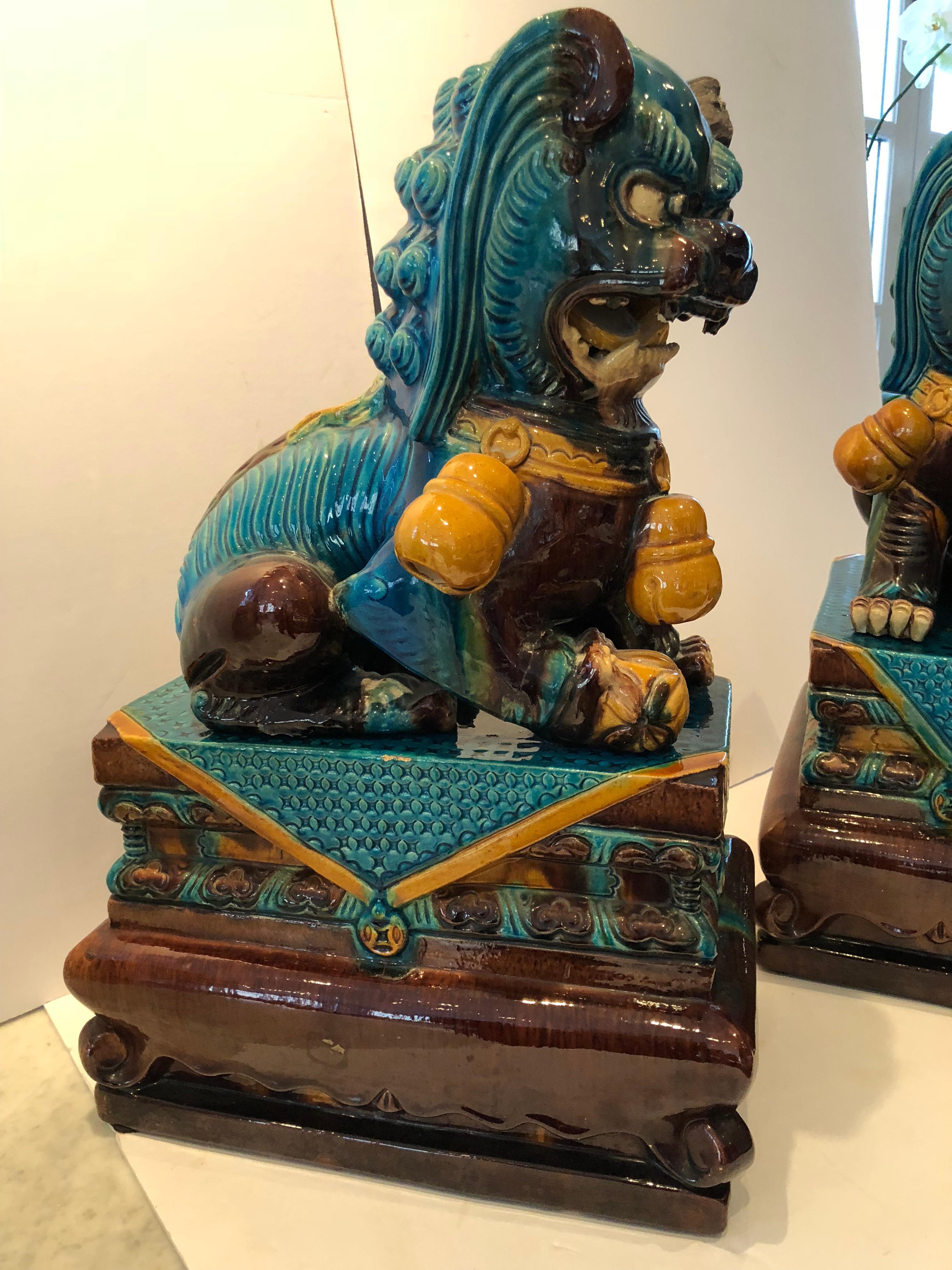 Extraordinary Pair of Chinese Foo Dogs Glazed in Turquoise and Brown 4