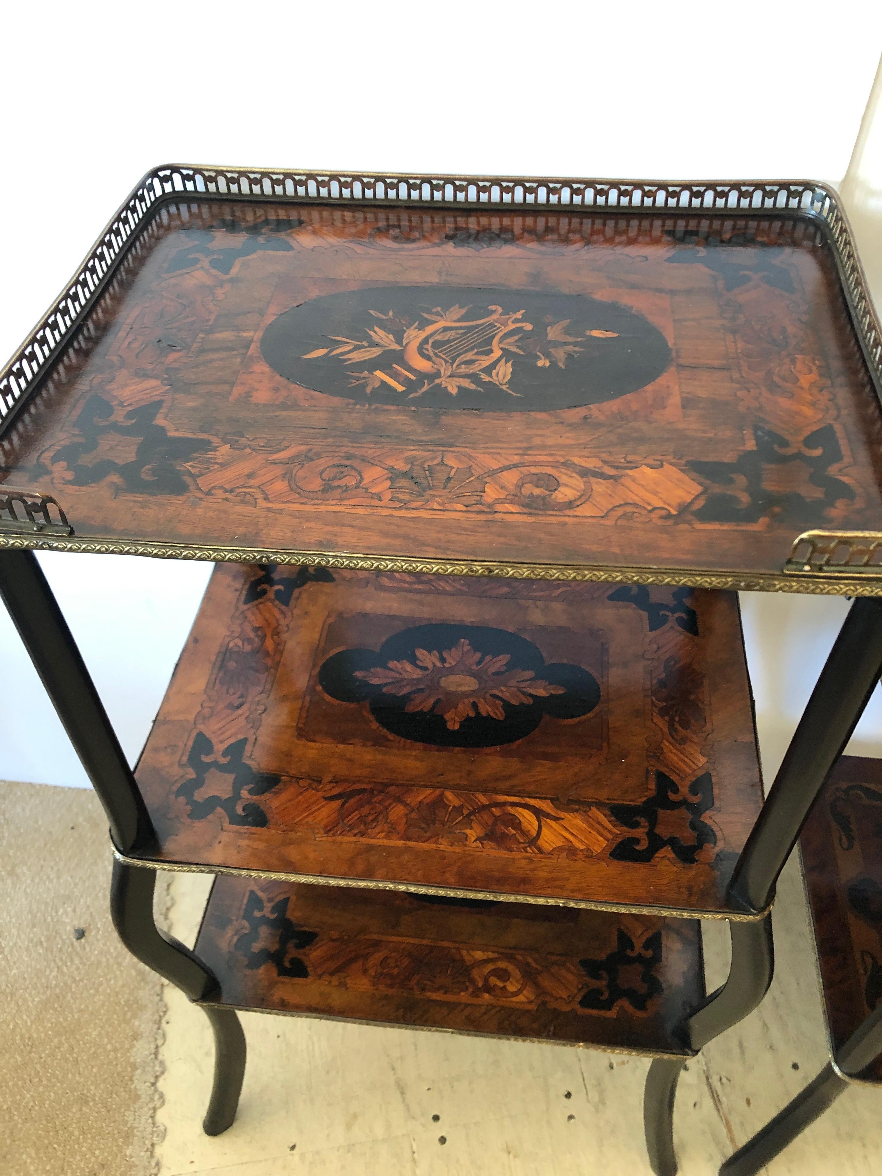 Inlay Extraordinary Pair of French Antique 3-Tier Étagère Side End Tables