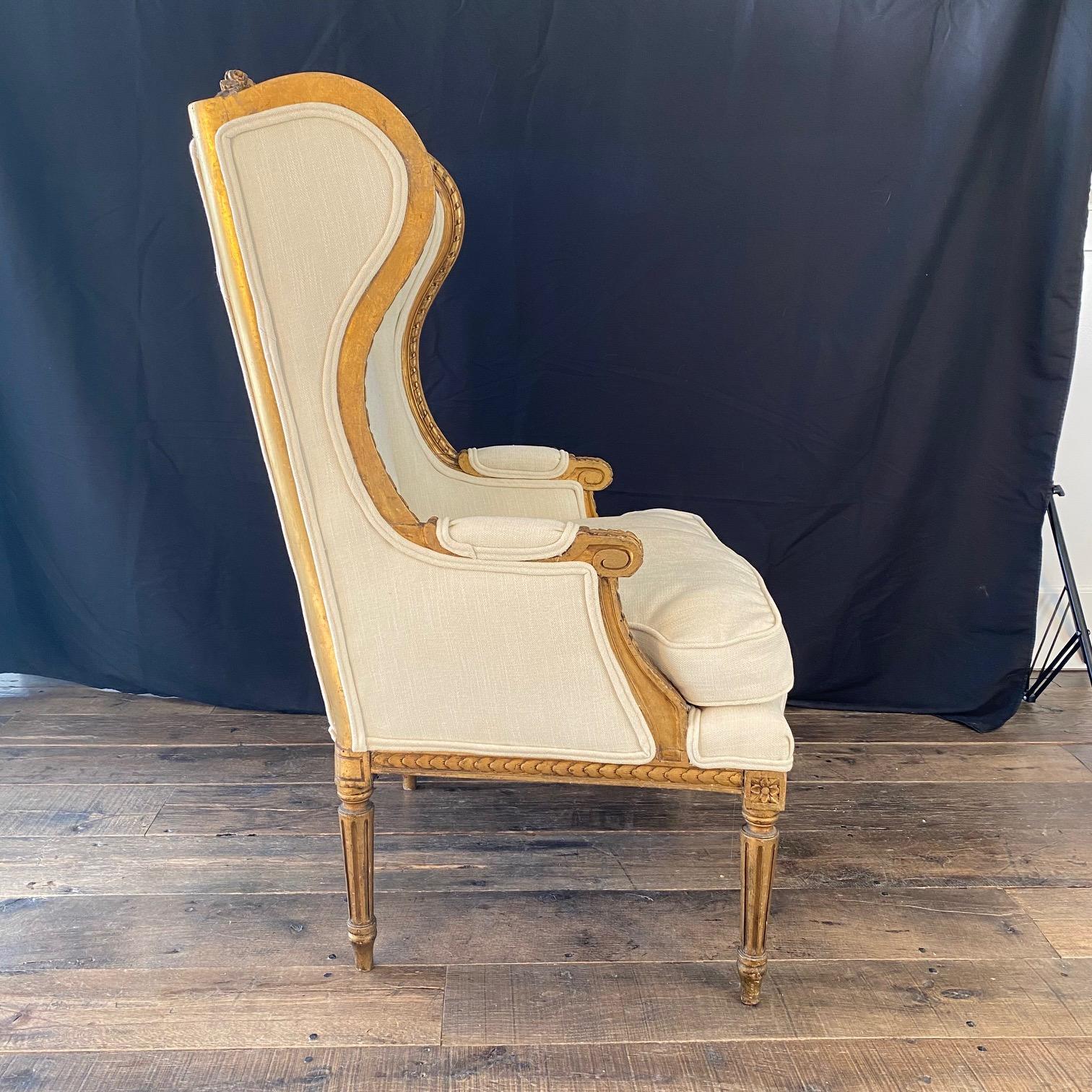 Extraordinary Pair of French Louis XVI Giltwood Wingback Armchairs or Bergeres In Good Condition For Sale In Hopewell, NJ