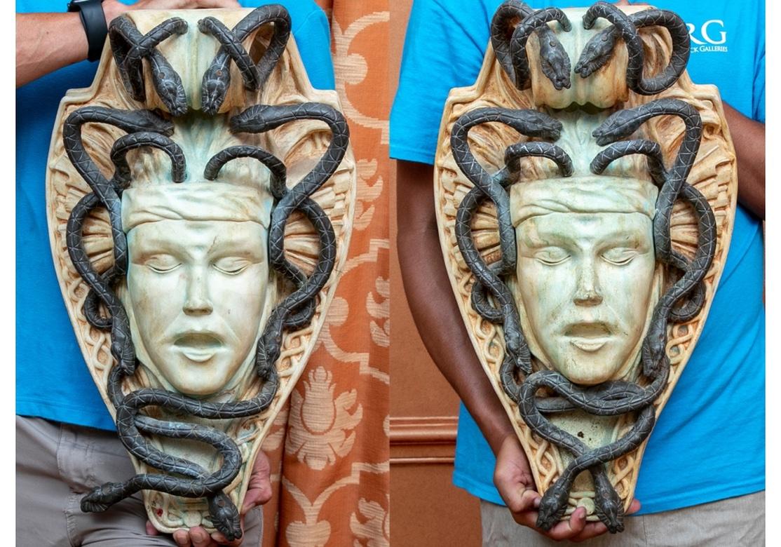 Extraordinary Pair Of Hollywood Regency Stone And Bronze Medusa Busts For Sale 12