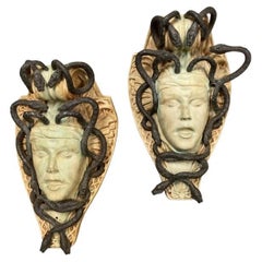 Extraordinary Pair Of Hollywood Regency Stone And Bronze Medusa Busts