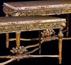 Extraordinary Pair of Italian 18th Century Carved Gilt-Wood Console Tables