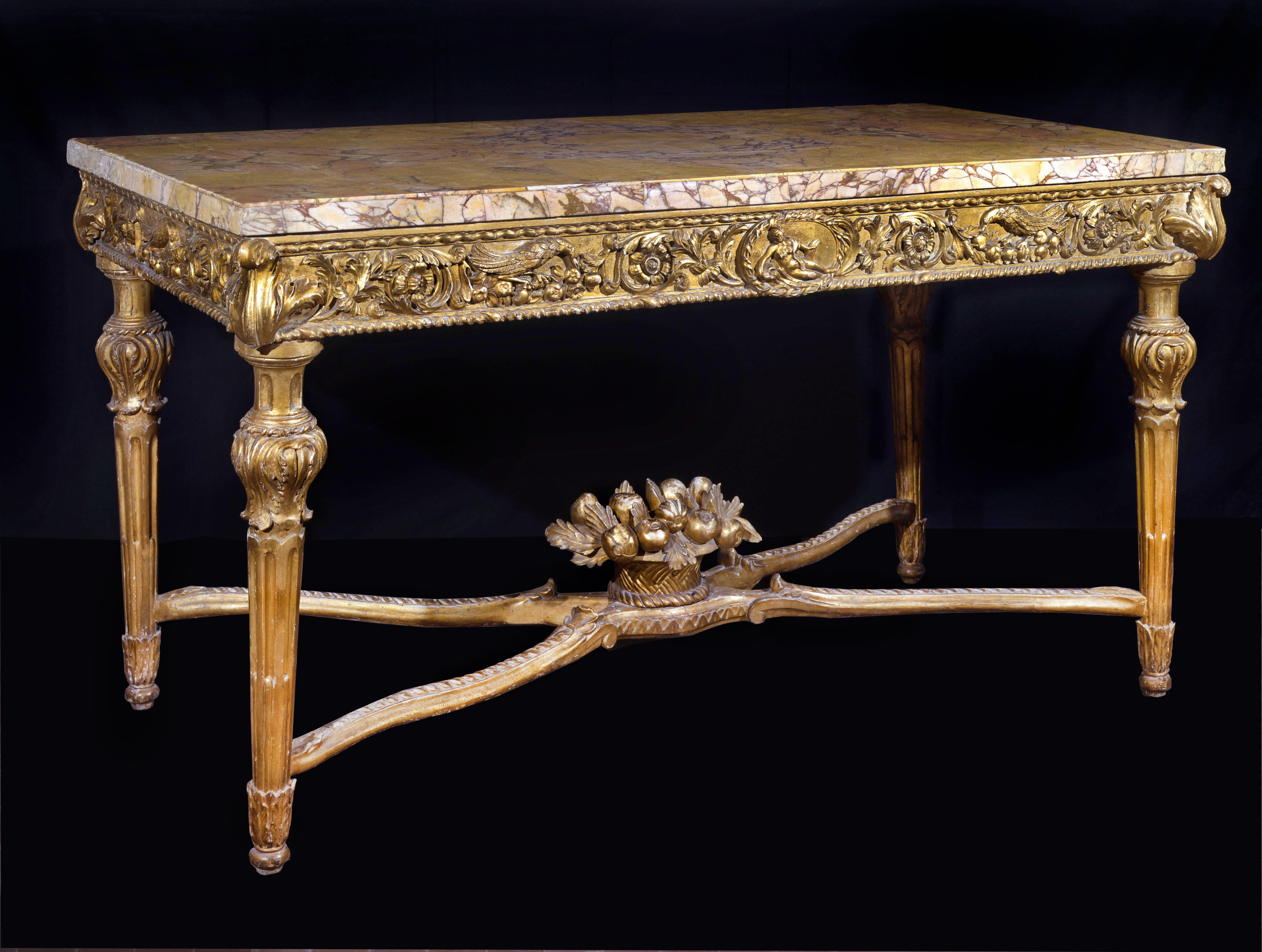 Außergewöhnliches Paar italienischer Konsolentische aus geschnitztem, vergoldetem Holz aus dem 18. Jahrhundert (Louis XVI.) im Angebot