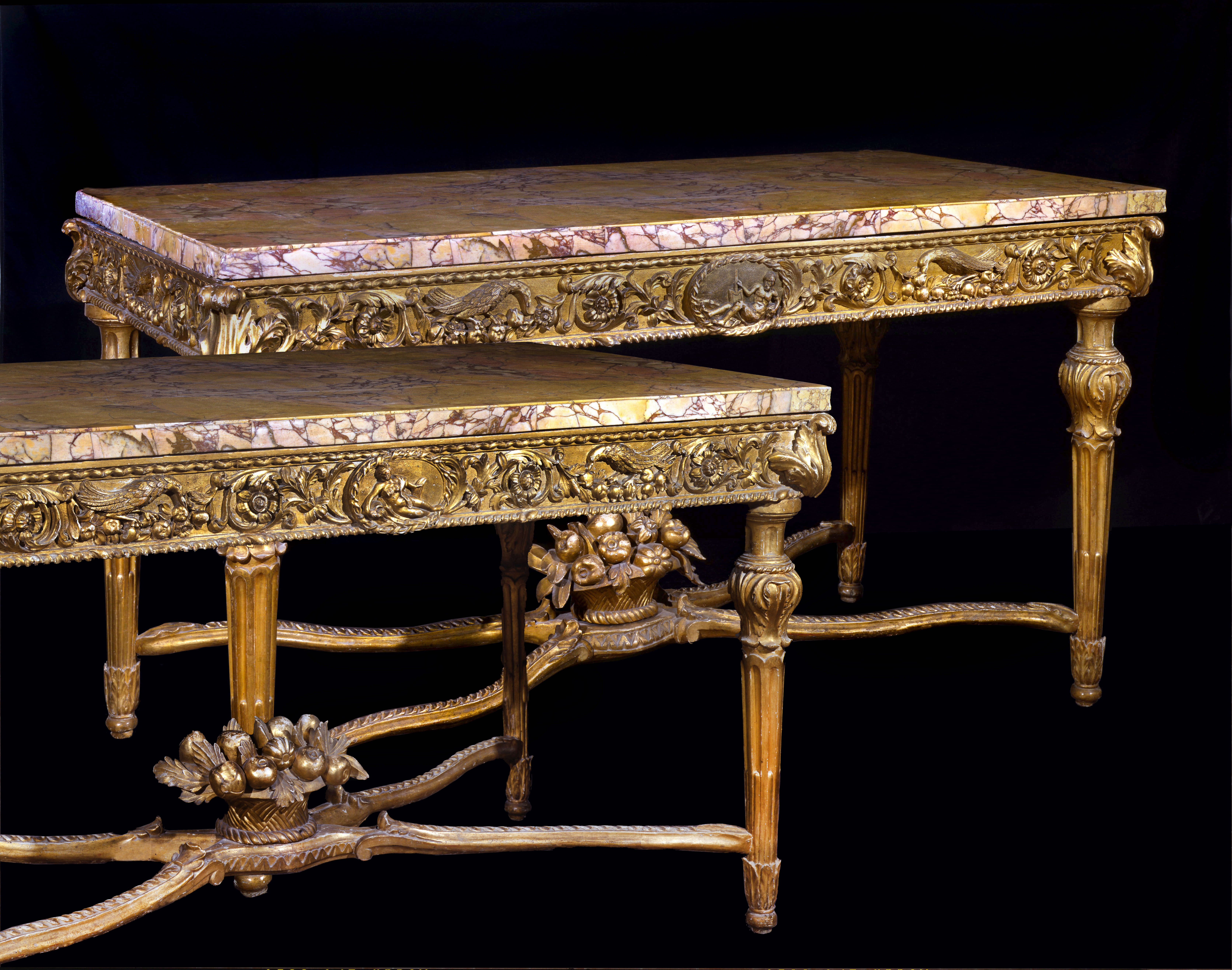 Giltwood Extraordinary Pair of Italian 18th Century Carved Gilt-Wood Console Tables For Sale
