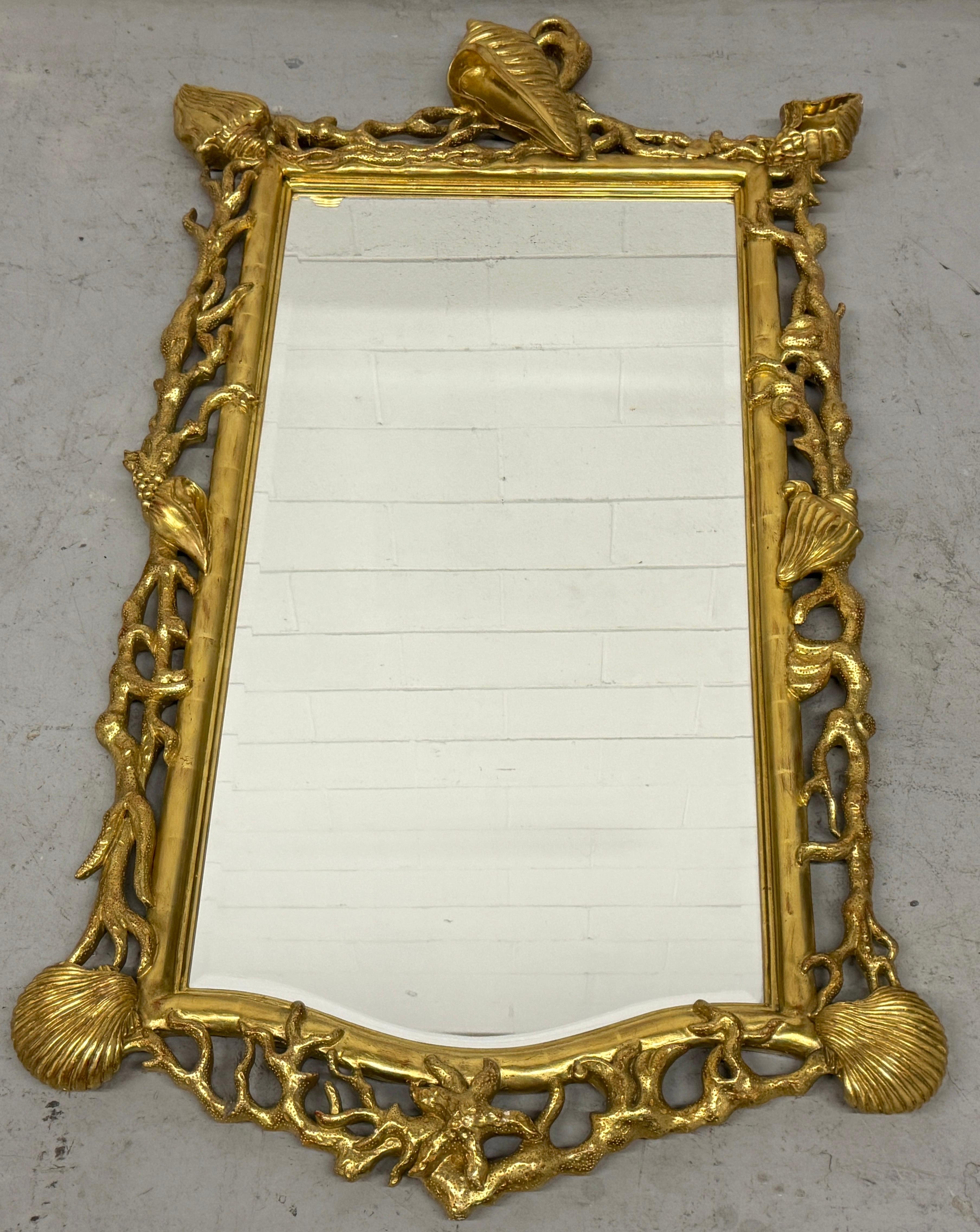 Extraordinary Pair of Italian Carved Giltwood Mirrors with Shell and Coral Motif For Sale 3