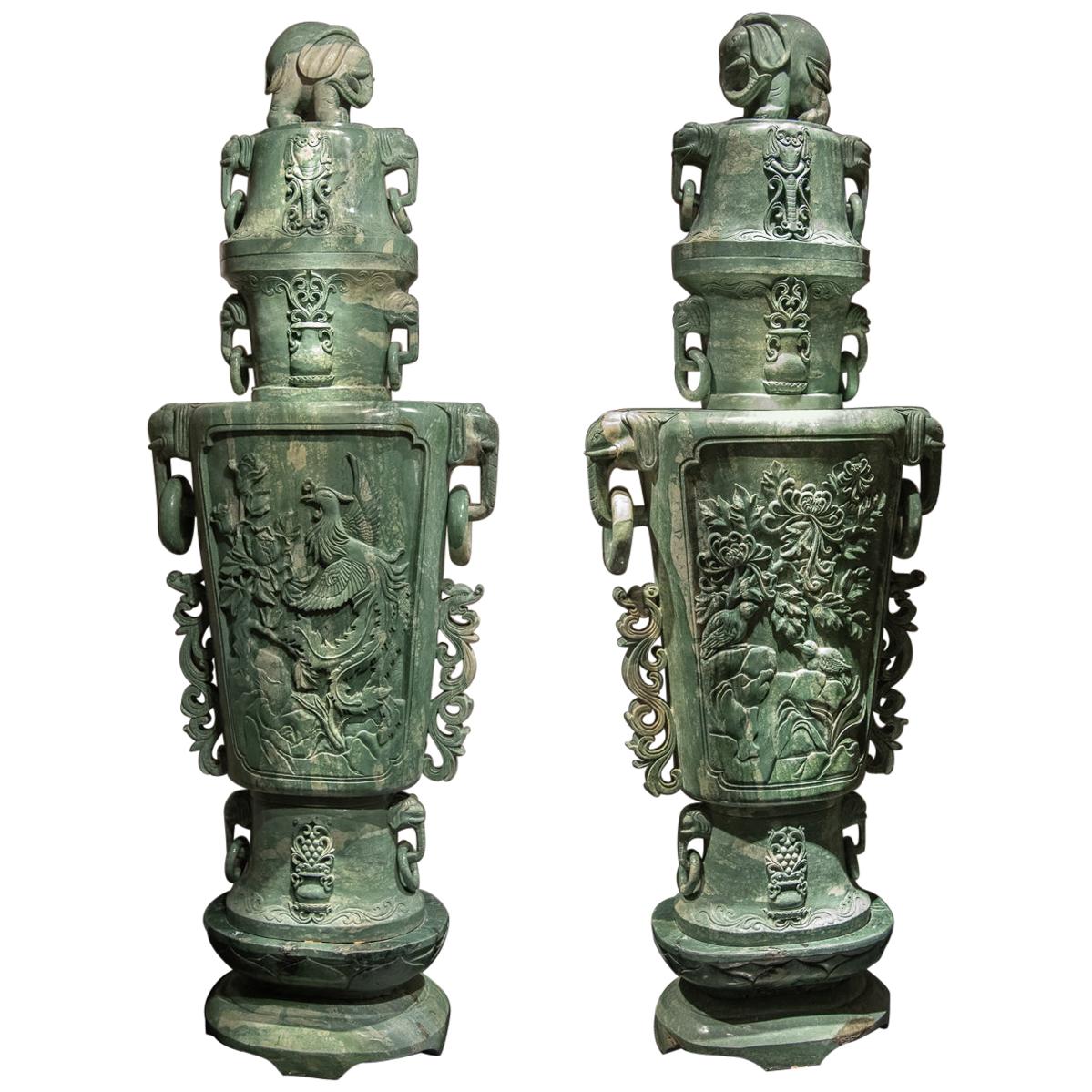 Extraordinary Pair of Massive Chinese Carved Serpentine Covered Vases