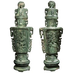 Vintage Extraordinary Pair of Massive Chinese Carved Serpentine Covered Vases