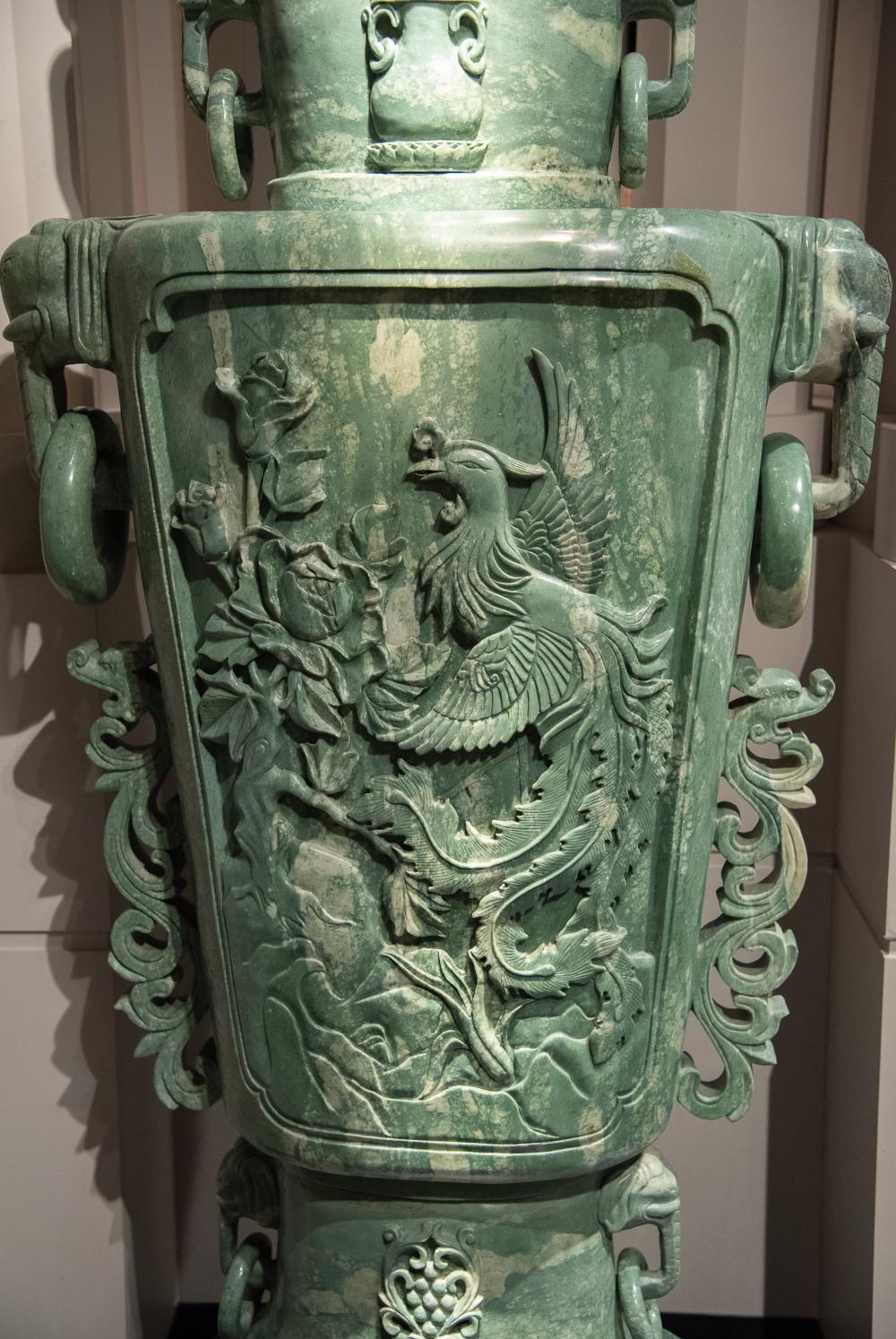 Hand-Carved Extraordinary Pair of Massive Chinese Carved Serpentine Covered Vases