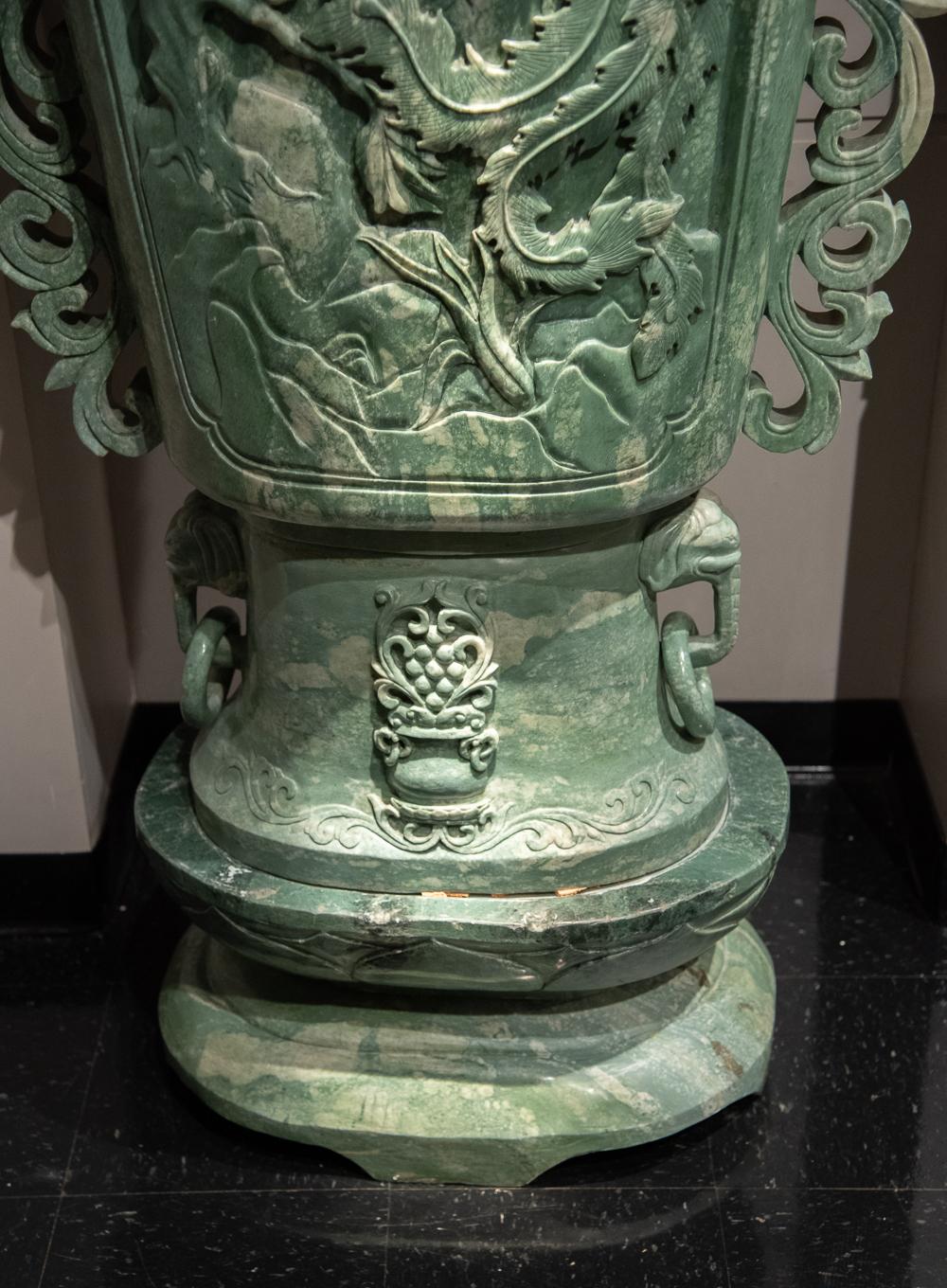 20th Century Extraordinary Pair of Massive Chinese Carved Serpentine Covered Vases