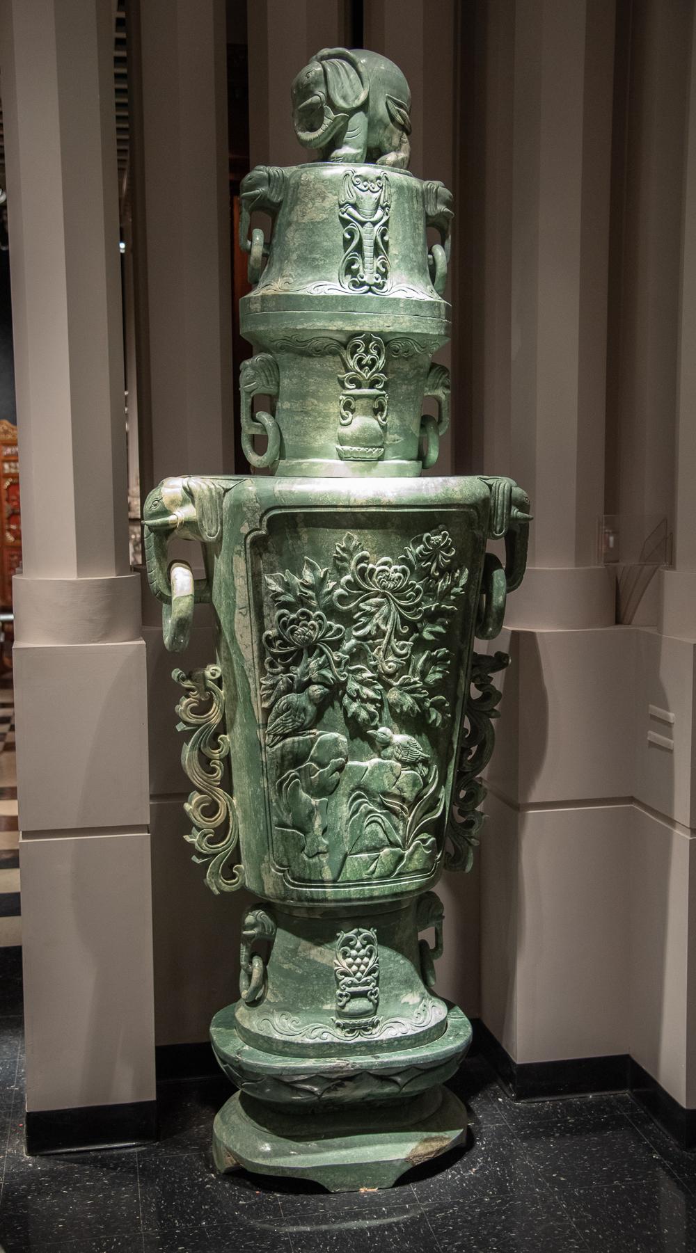 Extraordinary Pair of Massive Chinese Carved Serpentine Covered Vases 1