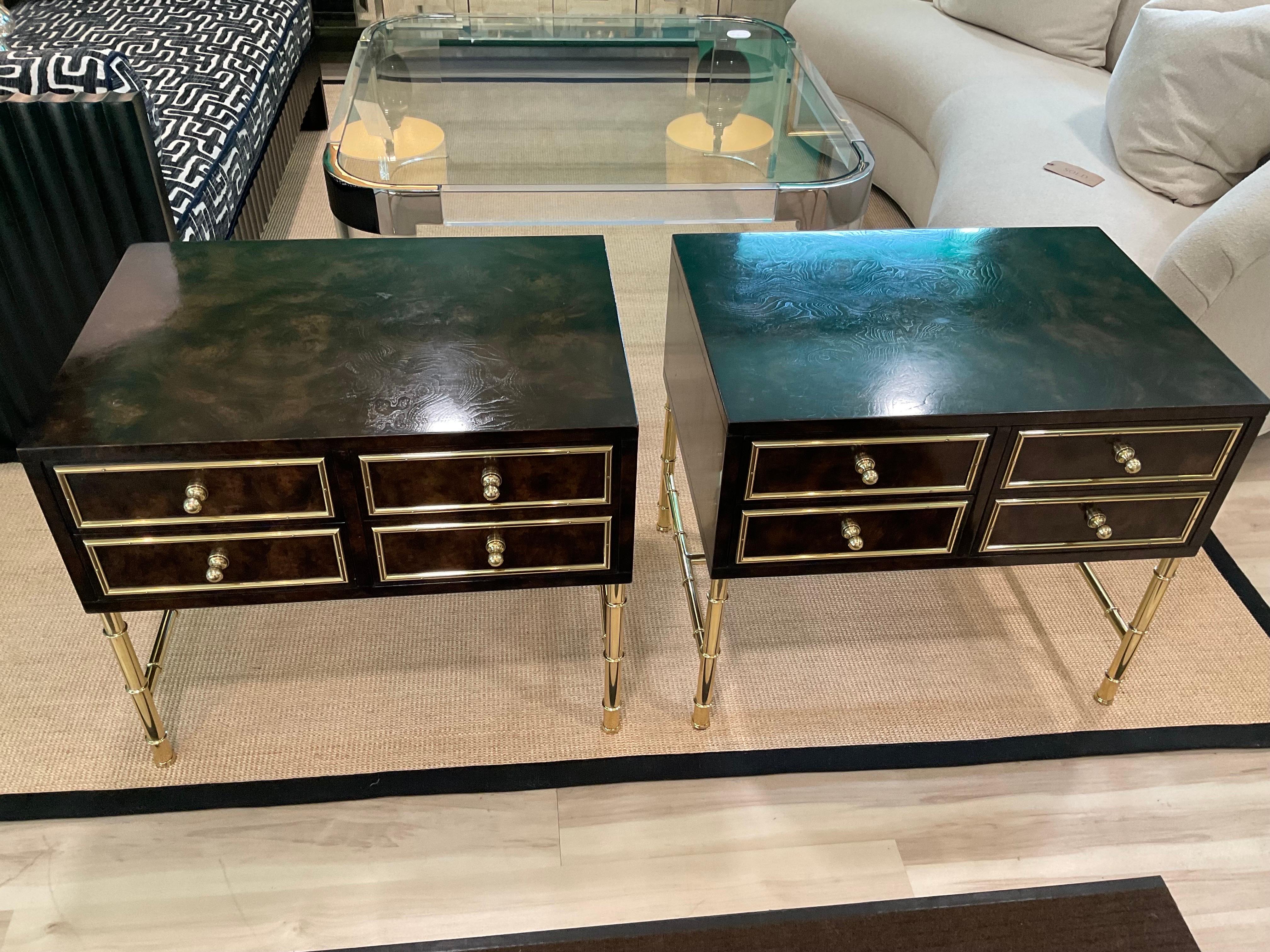American Extraordinary Pair of Mastercraft Side Tables with Faux Bamboo Brass Legs For Sale