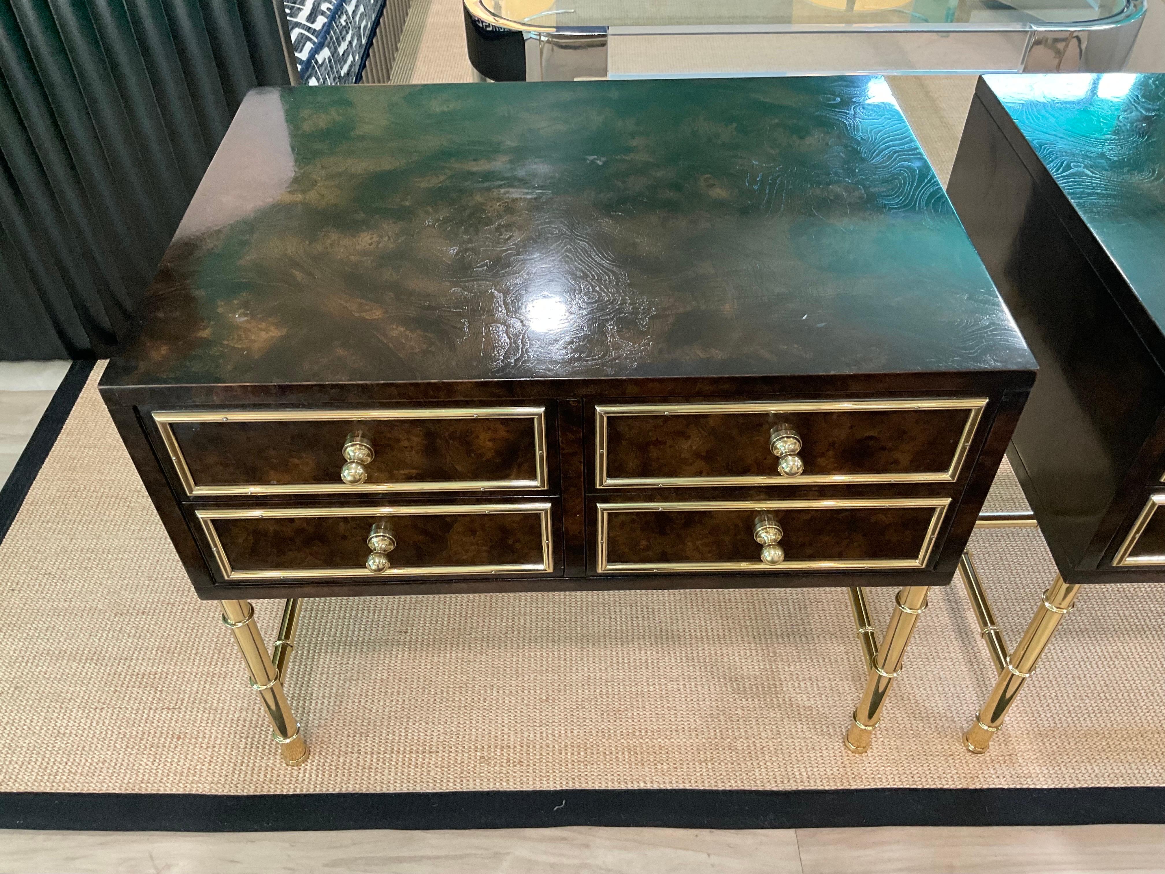 Extraordinary Pair of Mastercraft Side Tables with Faux Bamboo Brass Legs In Good Condition For Sale In Hartville, OH