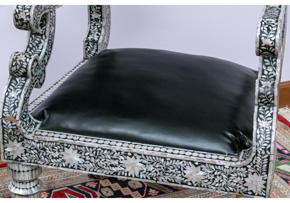 Extraordinary Pair Of Mother Of Pearl Inlaid Throne Chairs In Distressed Condition For Sale In Bridgeport, CT
