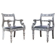 Vintage Extraordinary Pair Of Mother Of Pearl Inlaid Throne Chairs