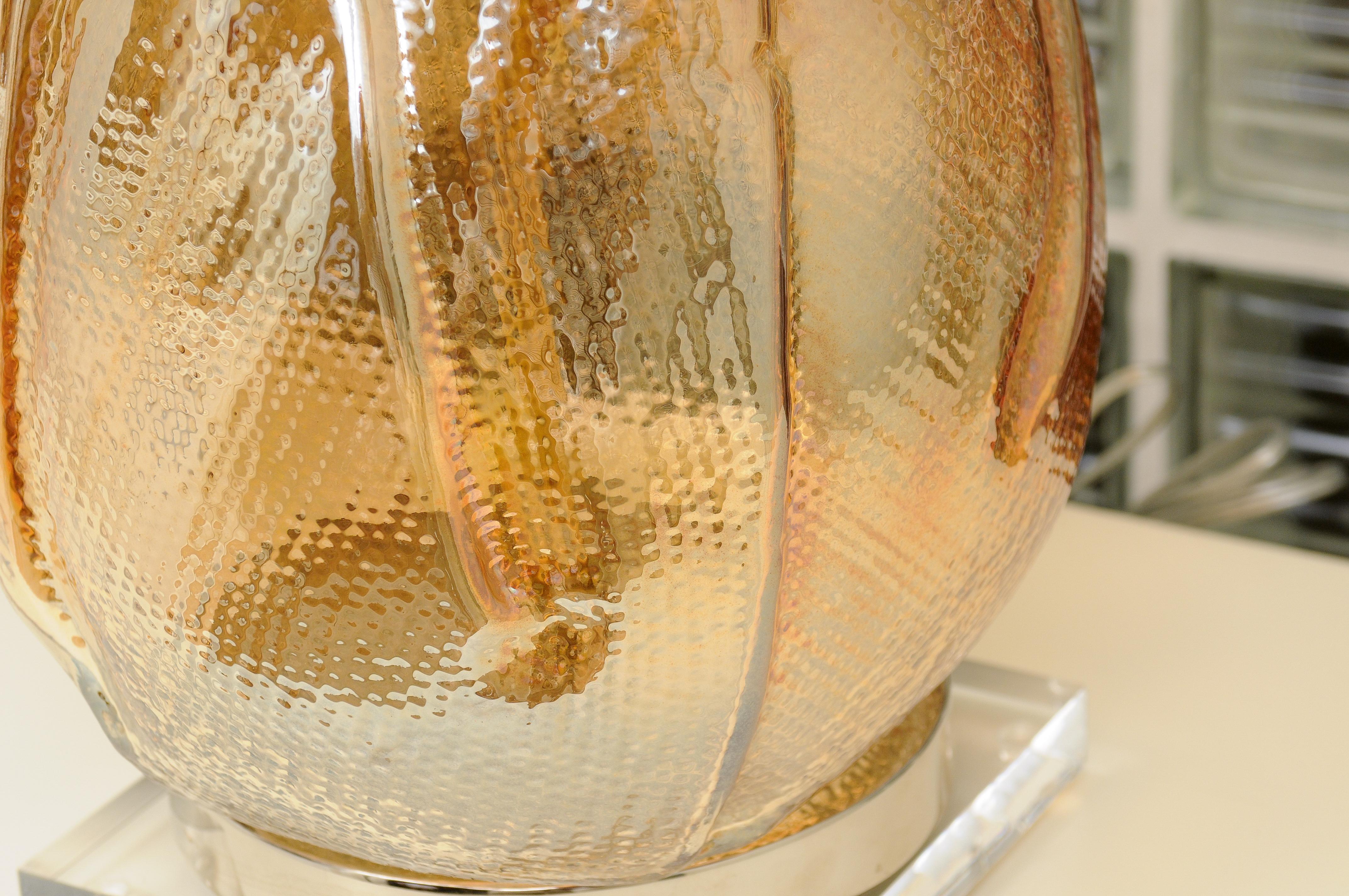 Mid-20th Century Extraordinary Pair of Oversize Iridescent Pearl Murano Vessels as Custom Lamps For Sale
