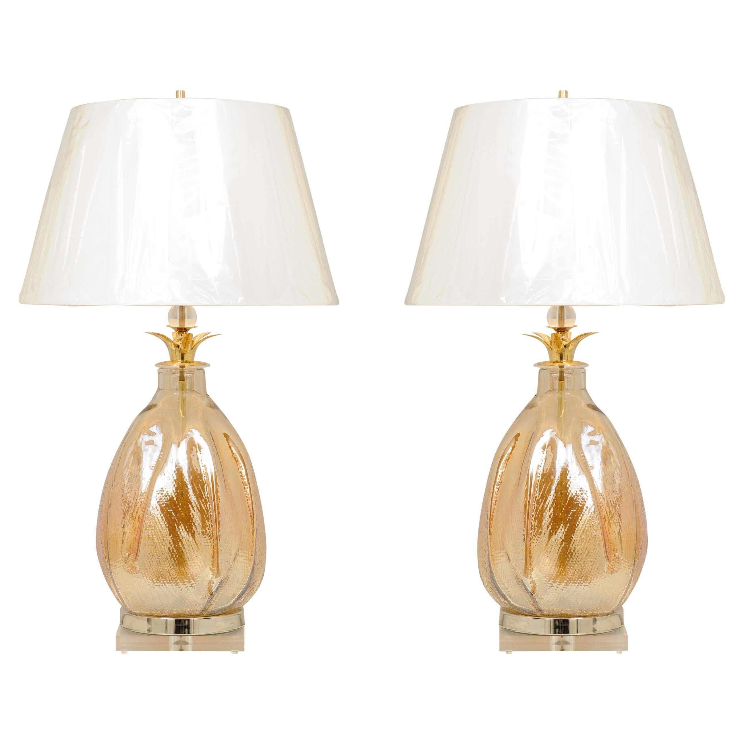 Extraordinary Pair of Oversize Iridescent Pearl Murano Vessels as Custom Lamps For Sale