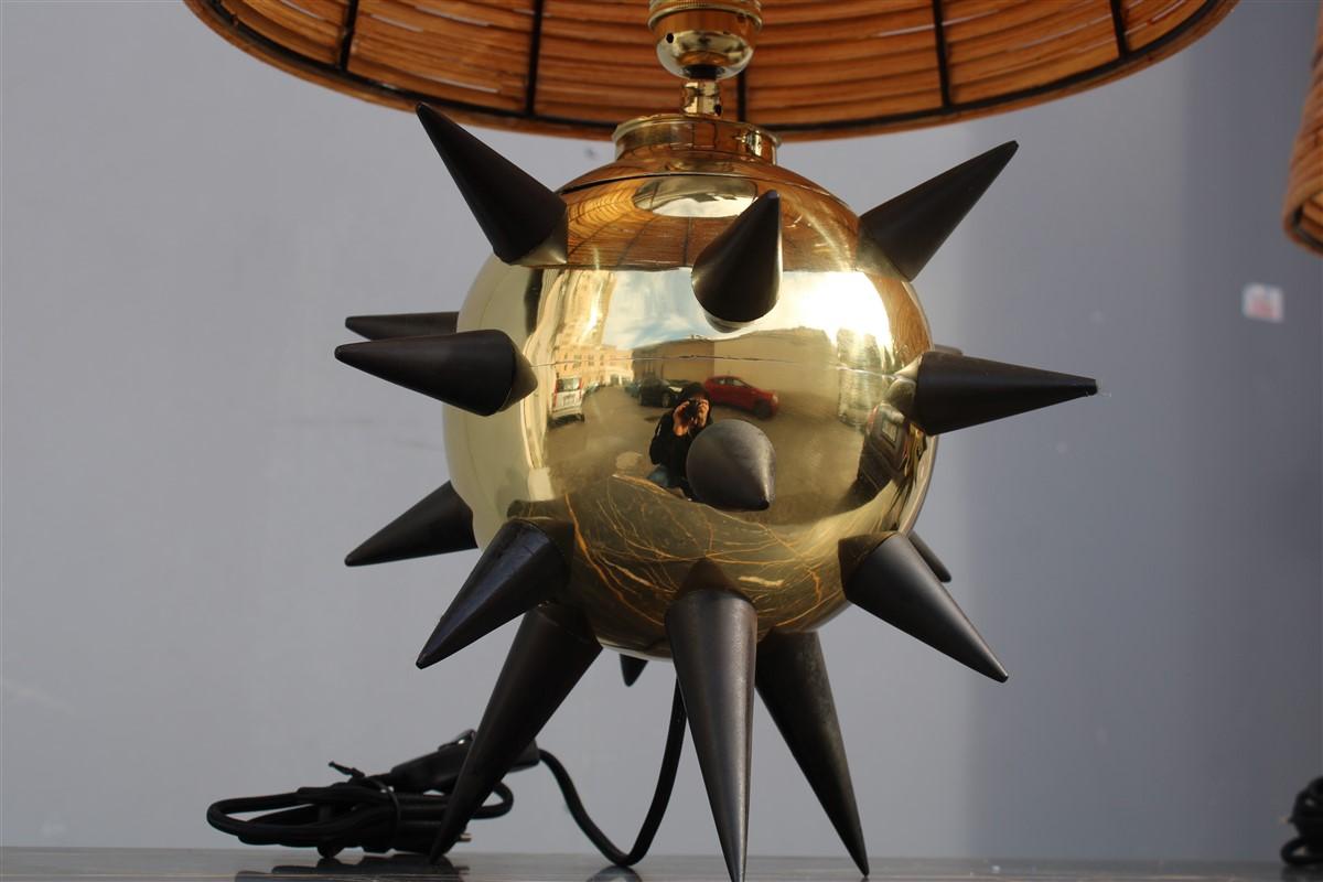 Extraordinary pair of table lamps with central Mina dome in Bamboo 1950s Sputnik For Sale 3