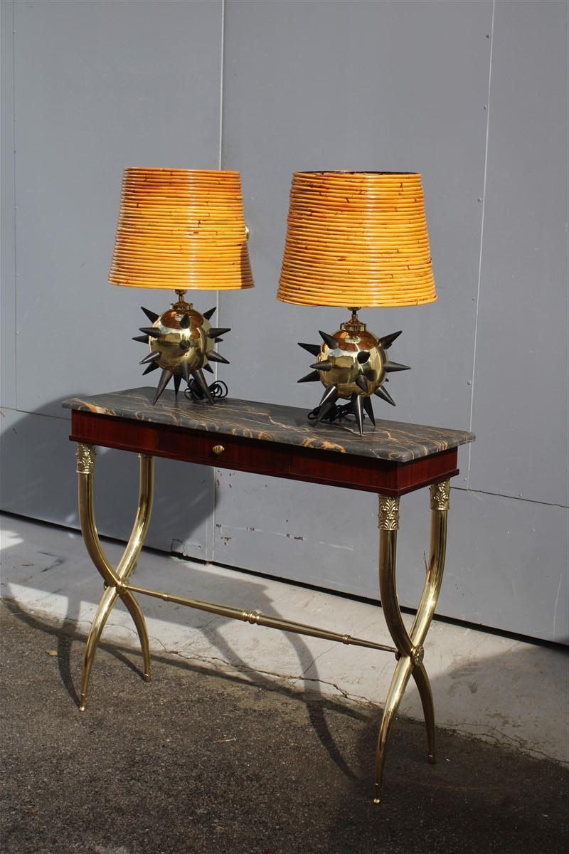 Extraordinary pair of table lamps with central Mina dome in Bamboo 1950s Sputnik For Sale 9