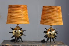 Extraordinary pair of table lamps with central Mina dome in Bamboo 1950s Sputnik
