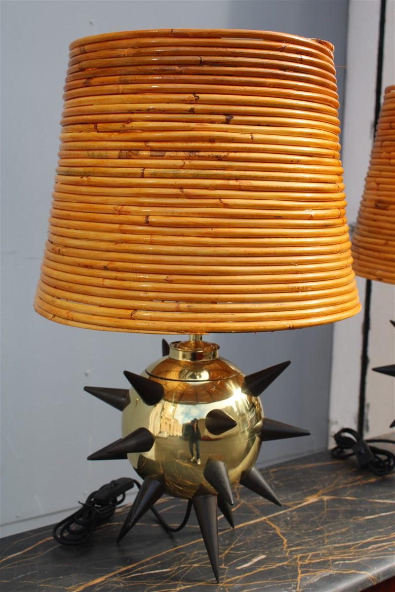 Extraordinary pair of table lamps with central Mina dome in Bamboo 1950s Sputnik For Sale 1